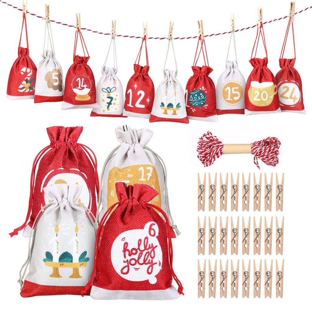 GWHOLE 2024 Advent Calendar Fill Your Own Christmas Drawstring Bags with Countdown Stickers Printed 24Pcs