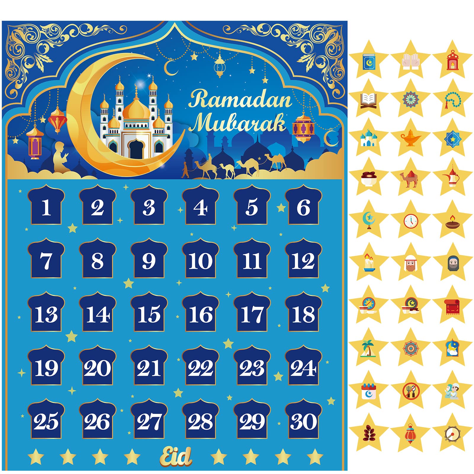Howaf Ramadan Calendar, Eid Mubarak Calendar Countdown 2024 For Eid Party Supplies, Ramadan Advent Calendar Poster With 30 Count