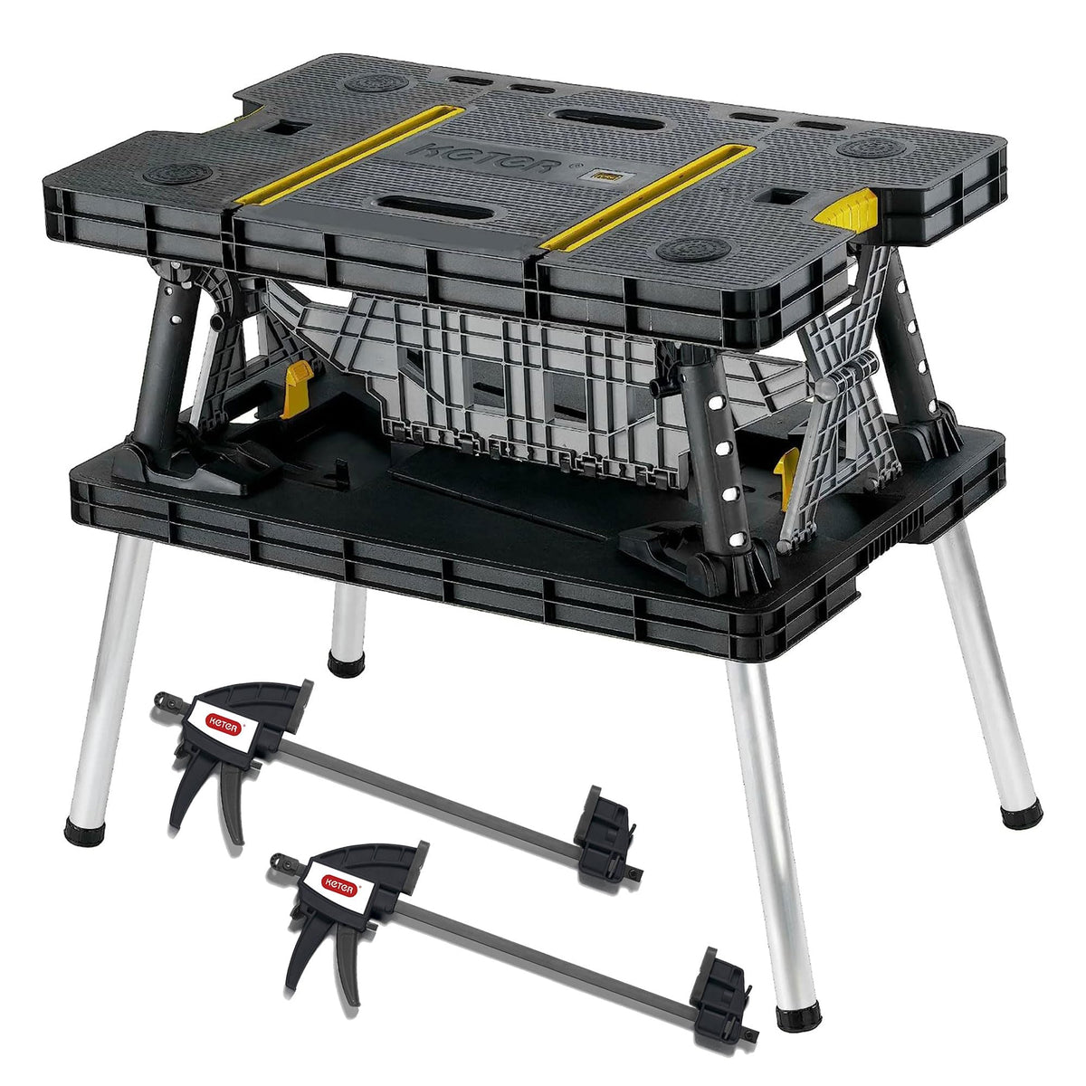 Work Clamops Keter Folding Work Table, Portable Workbench w/ 12 Clamps for Garage/W ...