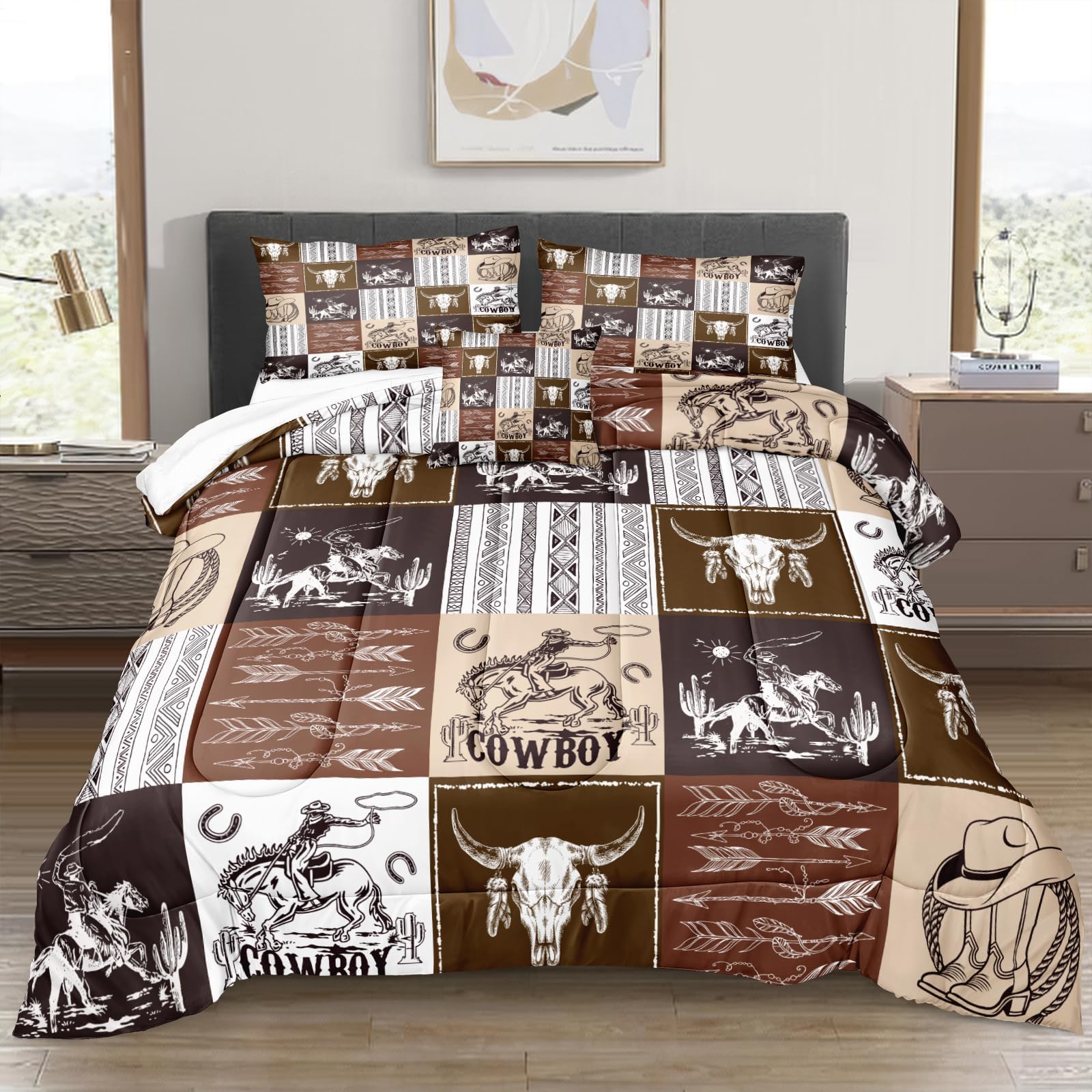 Bedbay Western Bedding Comforter Set Queen Size Cowboy Comforter Bed Set Soft Fluffy Western Cowboy Bedding Set Room Decor Bull
