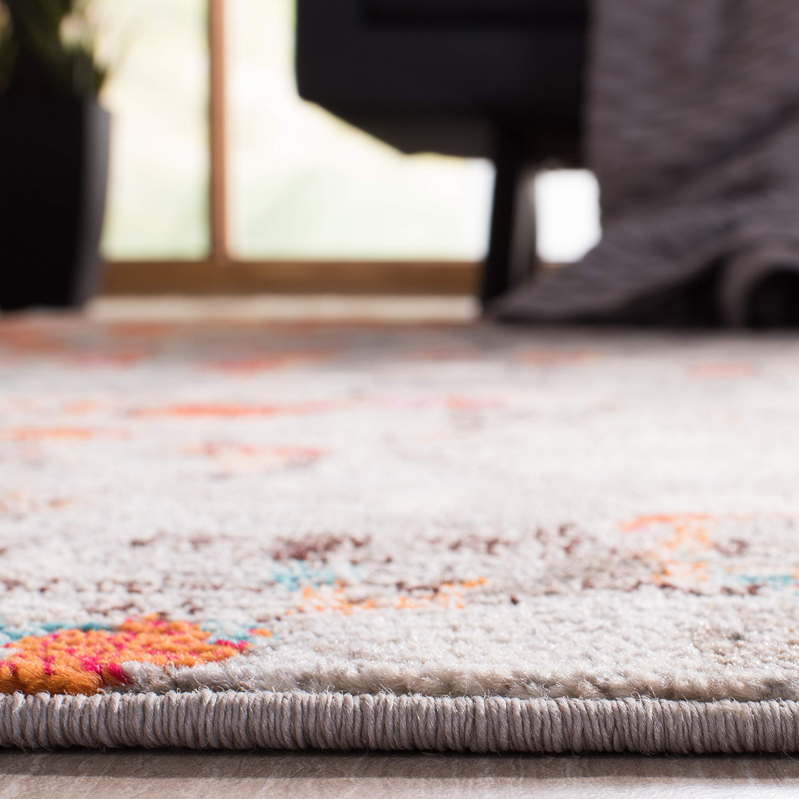 Safavieh Madison Collection 3' Square Grey/Orange Mad425H Boho Abstract Distressed Non-Shedding Living Room Bedroom Accent Rug