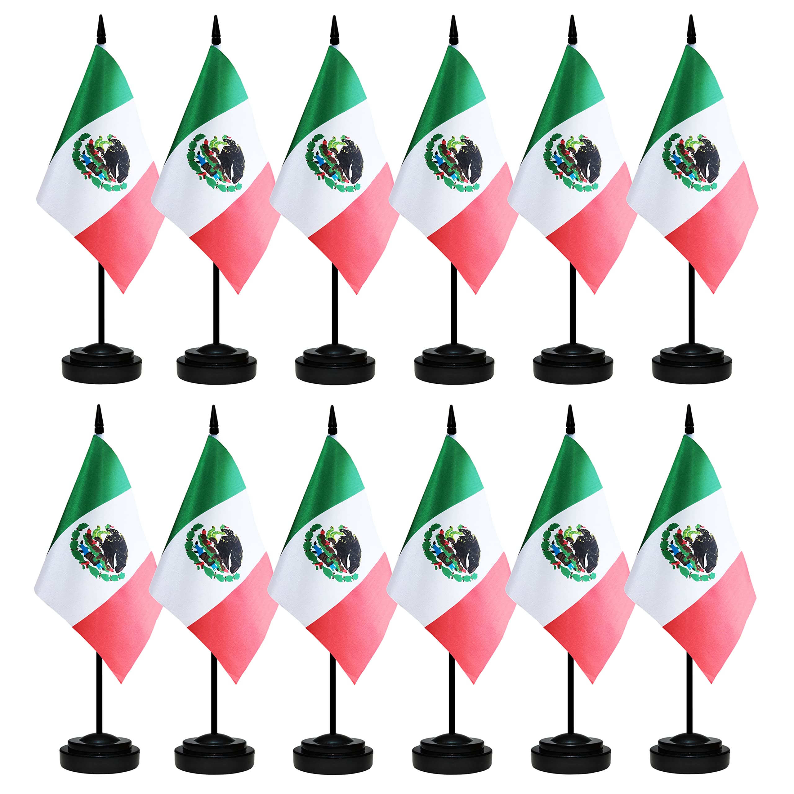 12 Pack Mexico Desk Flags Set, Mexican Small Mini Table Office Flags With 12' Solid Black Pole, 8.2 X 5.5 Inches, Home And Offi