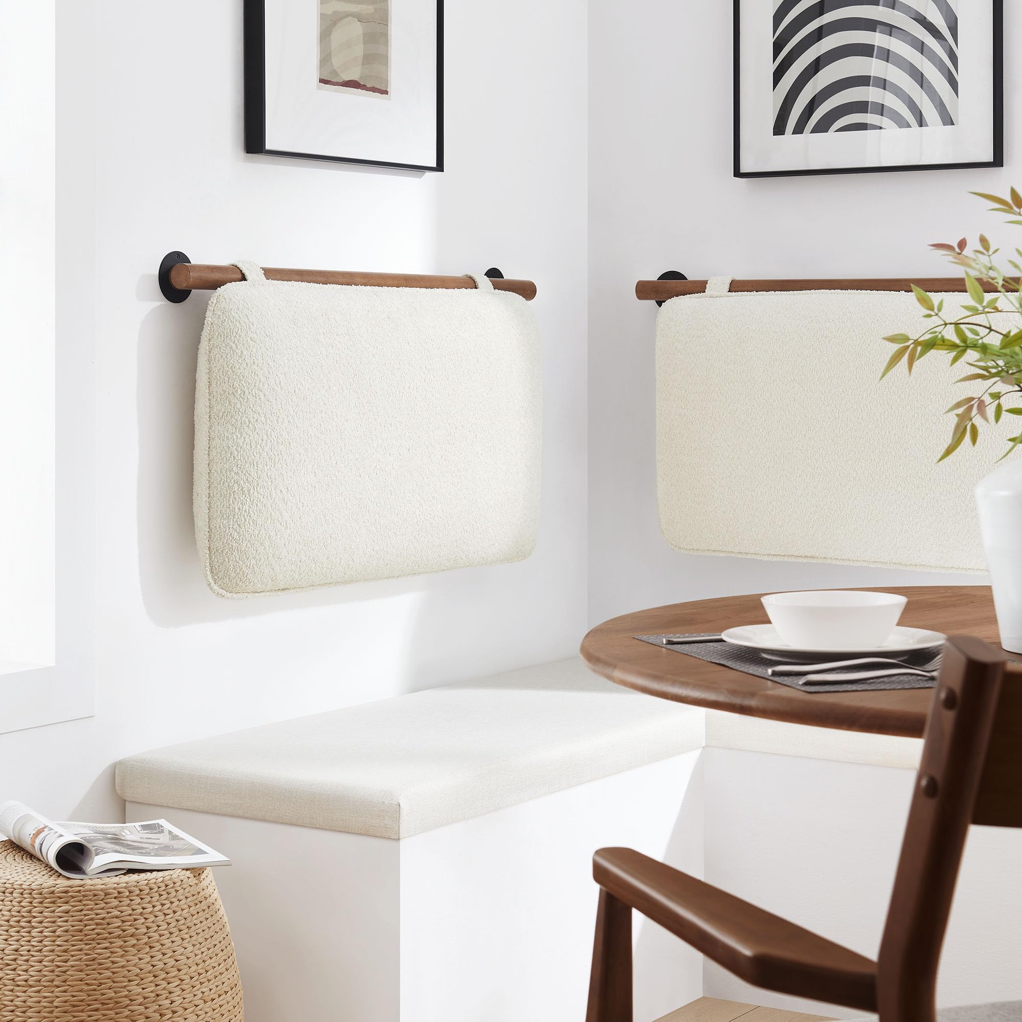 Modway Anela Chenille Upholstered Wall-Mounted Headboard Twin Size in Cream Walnut - Floating Padded Headboard with Wood Bar and
