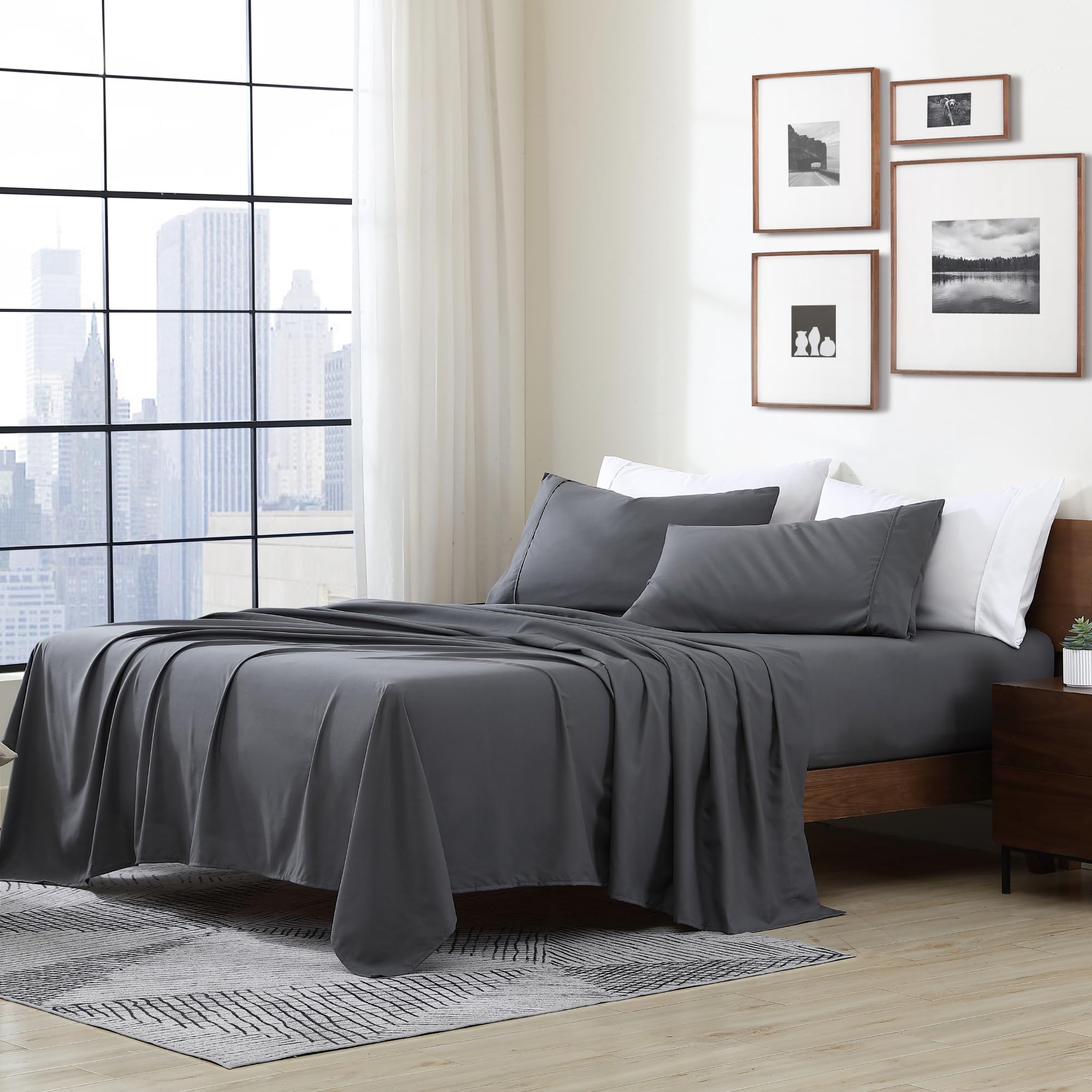 Cathay Home Essentials Ultra Soft Hypoallergenic Wrinkle Resistant Double Brushed Microfiber Bedding Sheet Set, Gray, California King