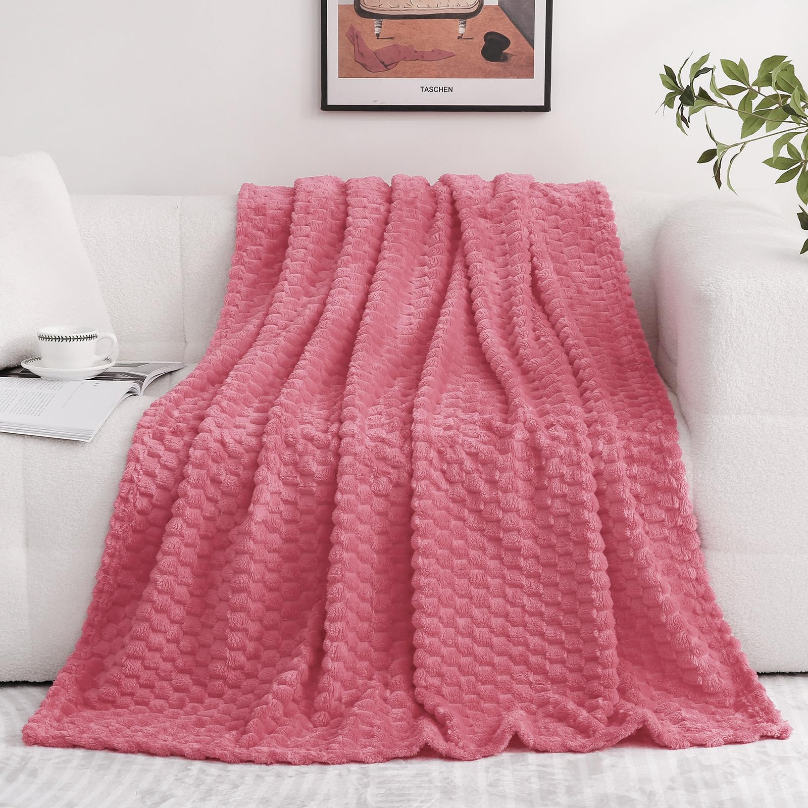 Rose Pink Throw Blanket 50''  60'' Inches Gifts For Mom Fuzzy 3D Jacquard Decorative Flannel Fleece Super Soft Plush Cozy Blanke