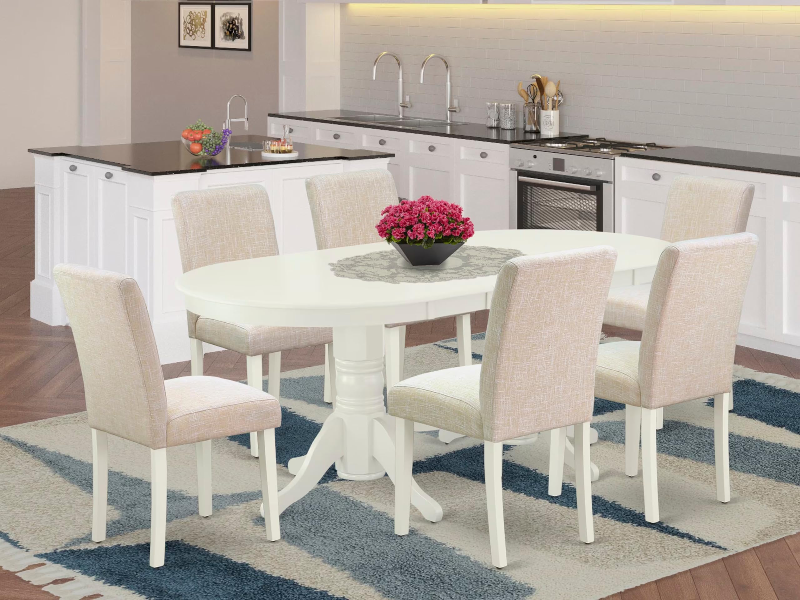 East West Furniture Vaab7-Lwh-02 7 Piece Modern Dining Table Set Consist Of An Oval Wooden Table With Butterfly Leaf And 6 Light Beige Linen Fabric Parsons Chairs, 40X76 Inch, Linen White