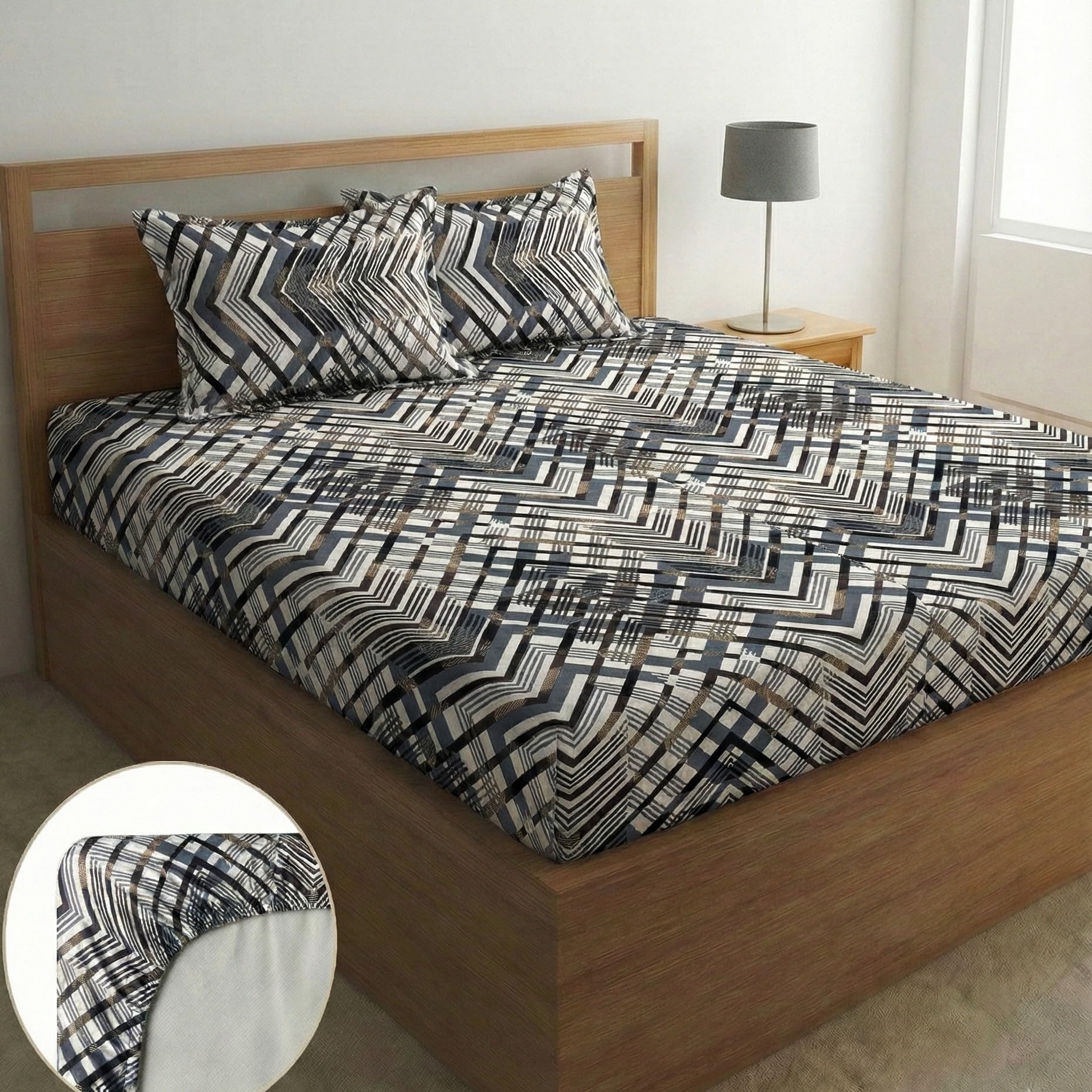 Home Sizzler 210 Tc Microfibre Abstract Geometric Print Double Fitted Bedsheet (72X78 Inch) With 2 King Size Pillow Covers