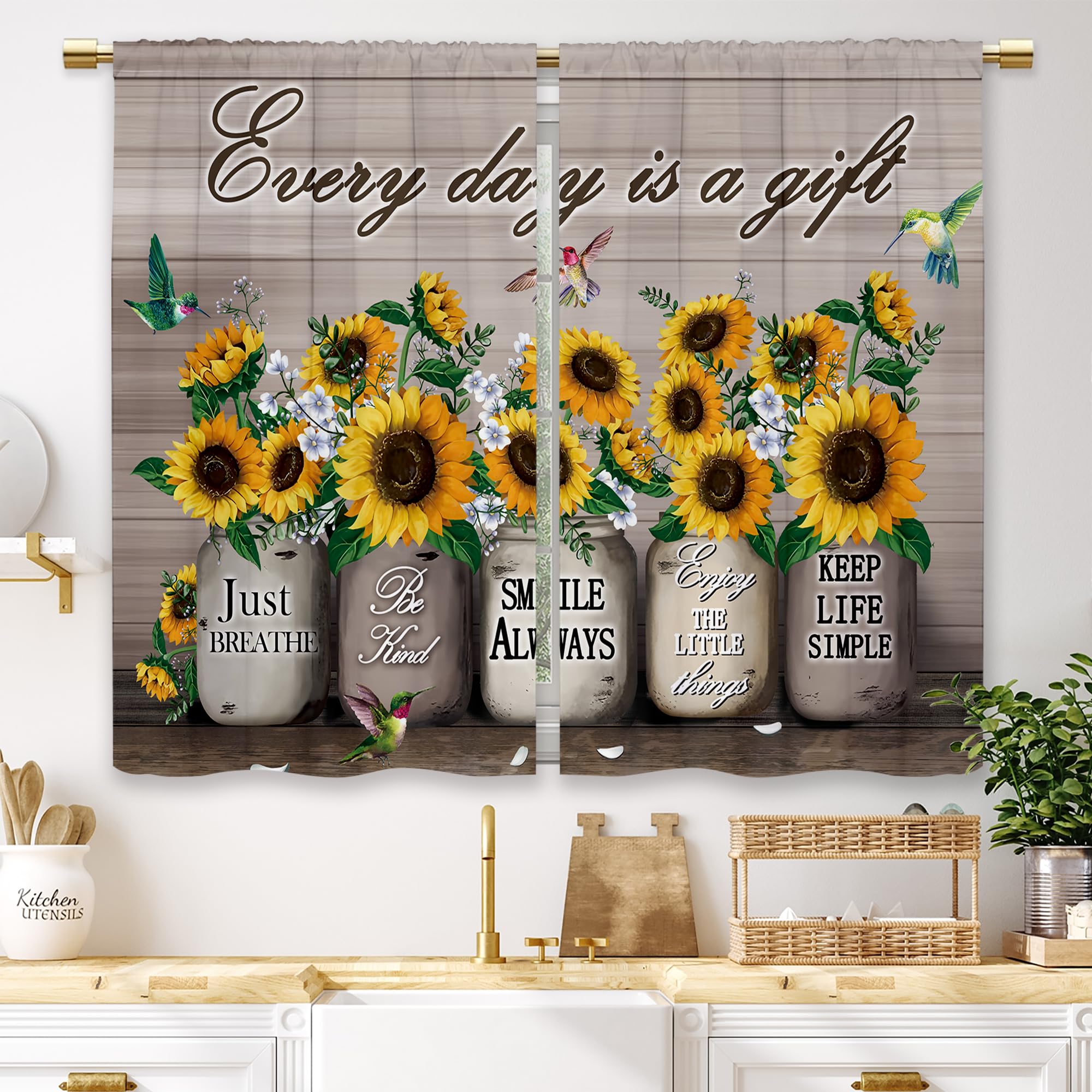 Laifzere Farmhouse Sunflower Kitchen Curtains Rustic Flower Country Floral Small Short Cafe Window Curtains Vintage Brown Plank
