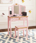 Utex Pretend Play Kids Vanity Set With Mirror And Stool, Kids Make Up Vanity Desk With Mirrror For Little Girls, Children Makeup Dressing Table With Drawer, Pink