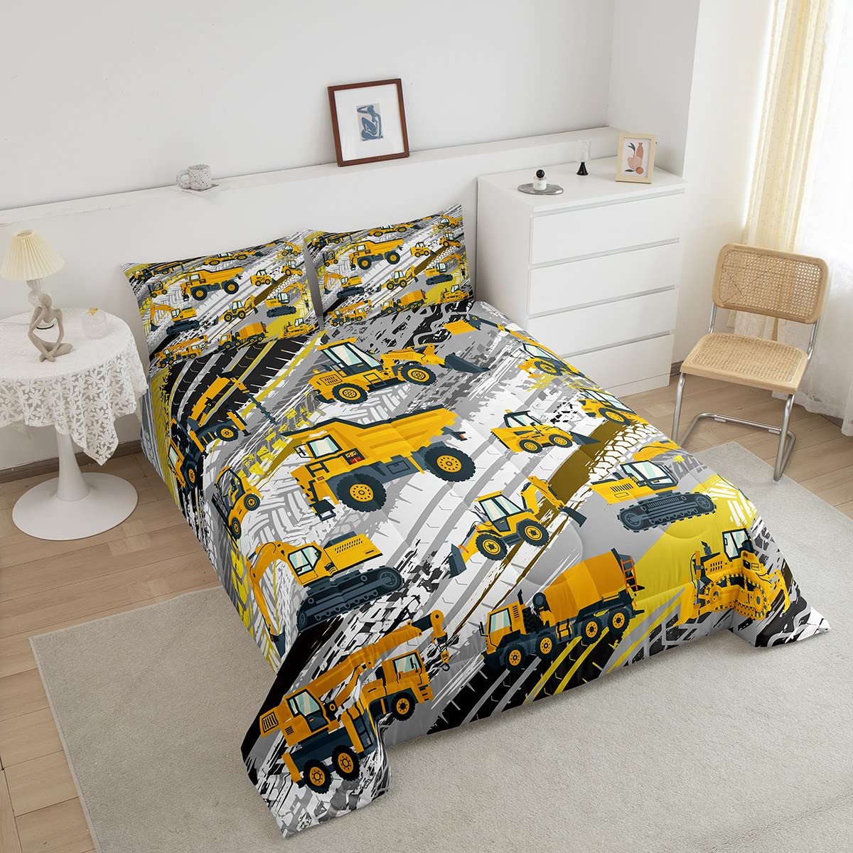 Boys Construction Comforter Set Truck Bedroom Decor For Kids Girls Under Construction Vehicles Down Comforter Toddler Child Cart
