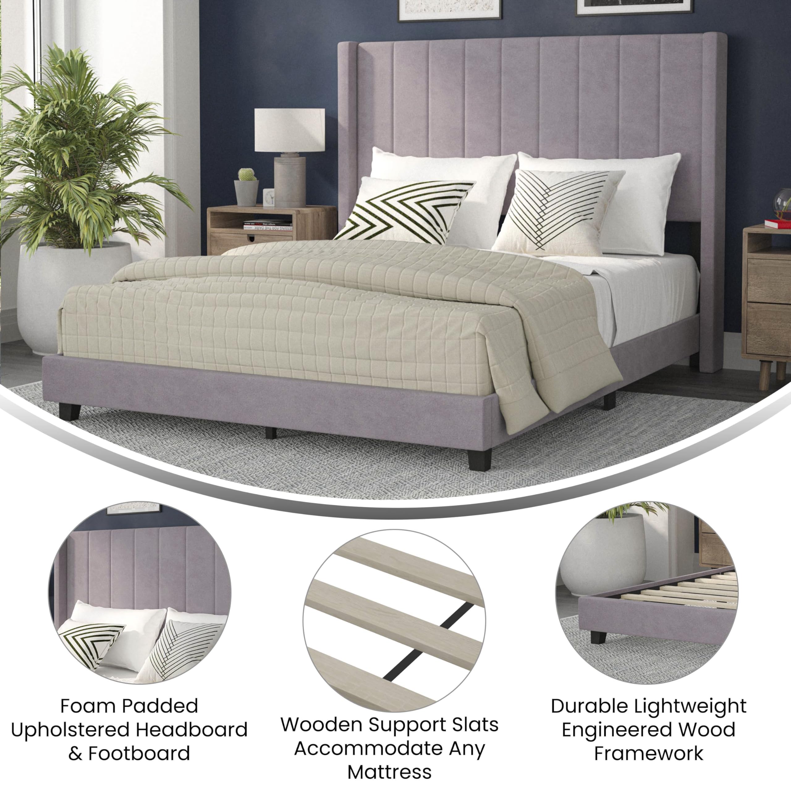 Flash Furniture Bianca Upholstered Platform Bed - Gray Velvet Upholstery - Queen - Wingback Headboard - Slatted Mattress Foundation - No Box Spring Needed