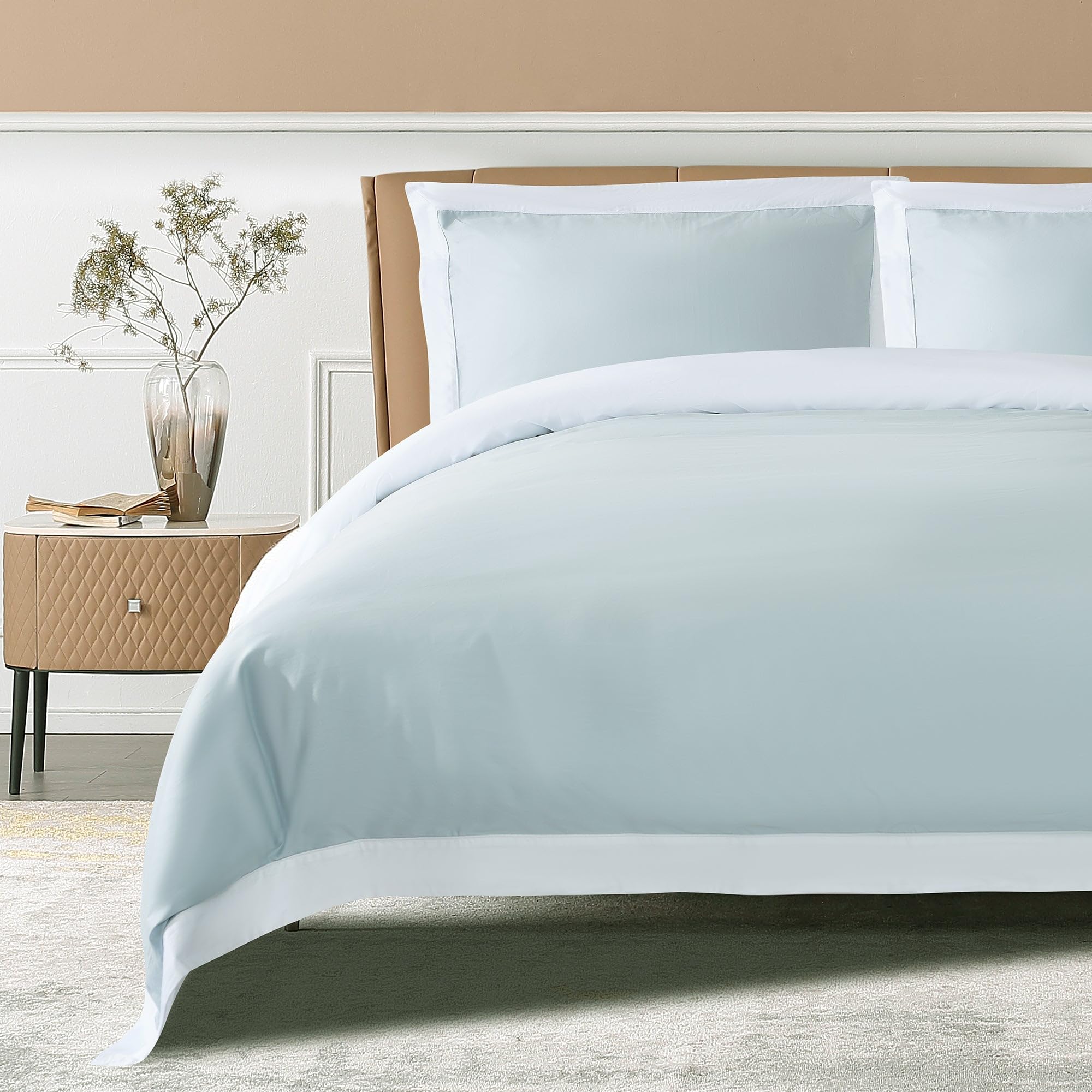 The Cotton & Silk 100% Luxury Long-Staple Cotton Duvet Cover Set - Soft & Breathable, King/California King Size, Misty Blue + Wh