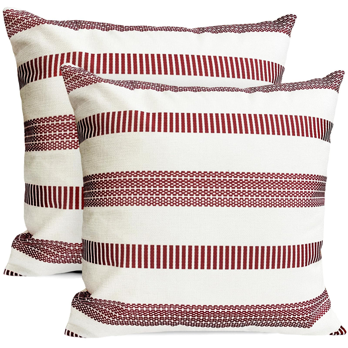 RYSMIYOU Decorative Throw Pillow Covers Set of 2 Wine Red Boho Striped Pillow Covers 18x18 Inch Throw Pillow Cover Linen Pillowc