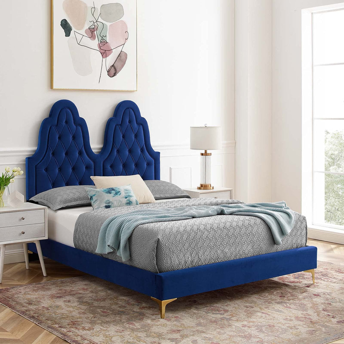 Modway Alexandria Tufted Performance Velvet Platform Bed with Gold Legs, King, Navy