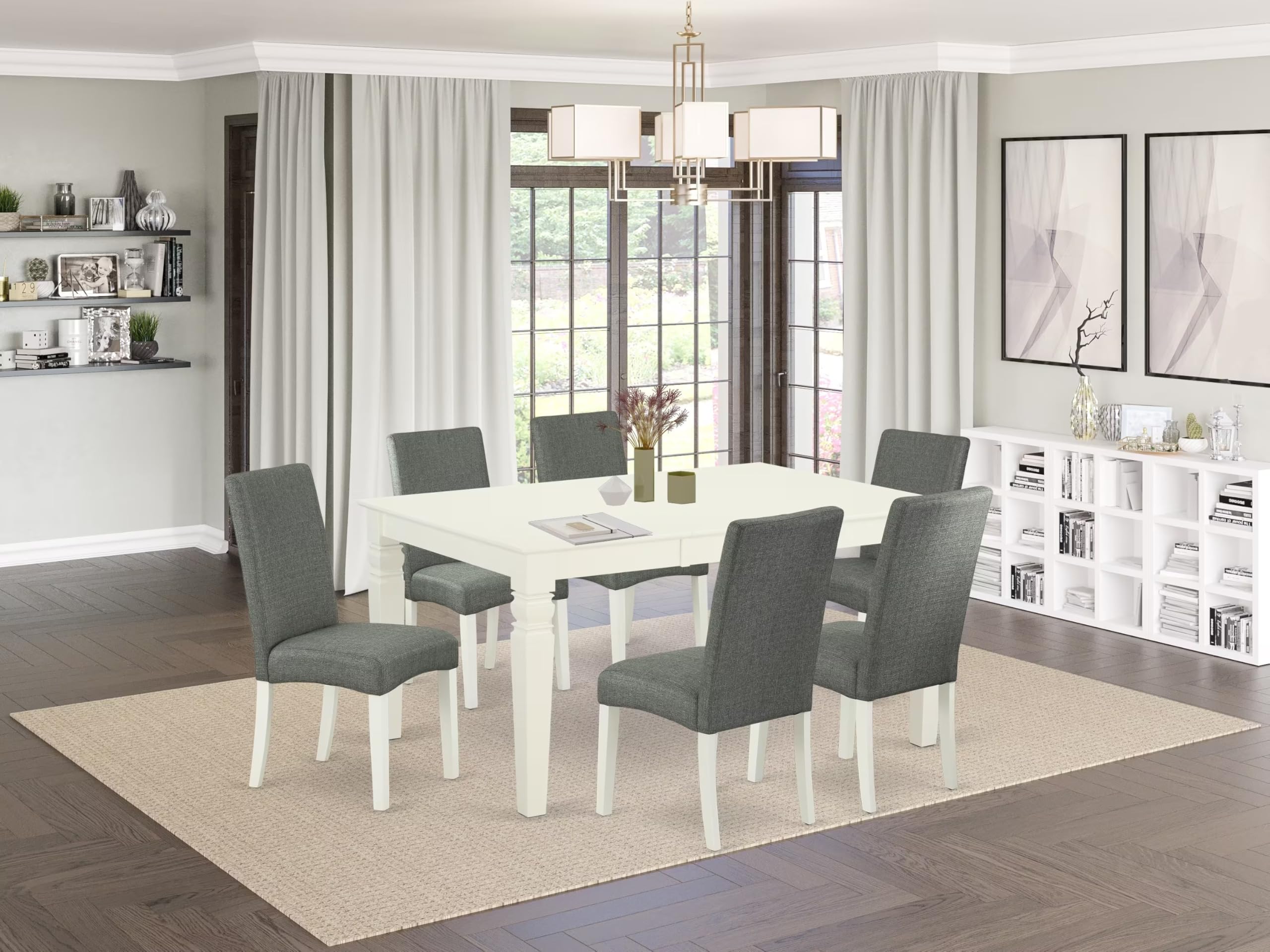 East West Furniture Wedr7-Lwh-07 7 Piece Dining Set Consist Of A Rectangle Dining Room Table With Butterfly Leaf And 6 Gray Linen Fabric Upholstered Parson Chairs, 42X60 Inch, Linen White