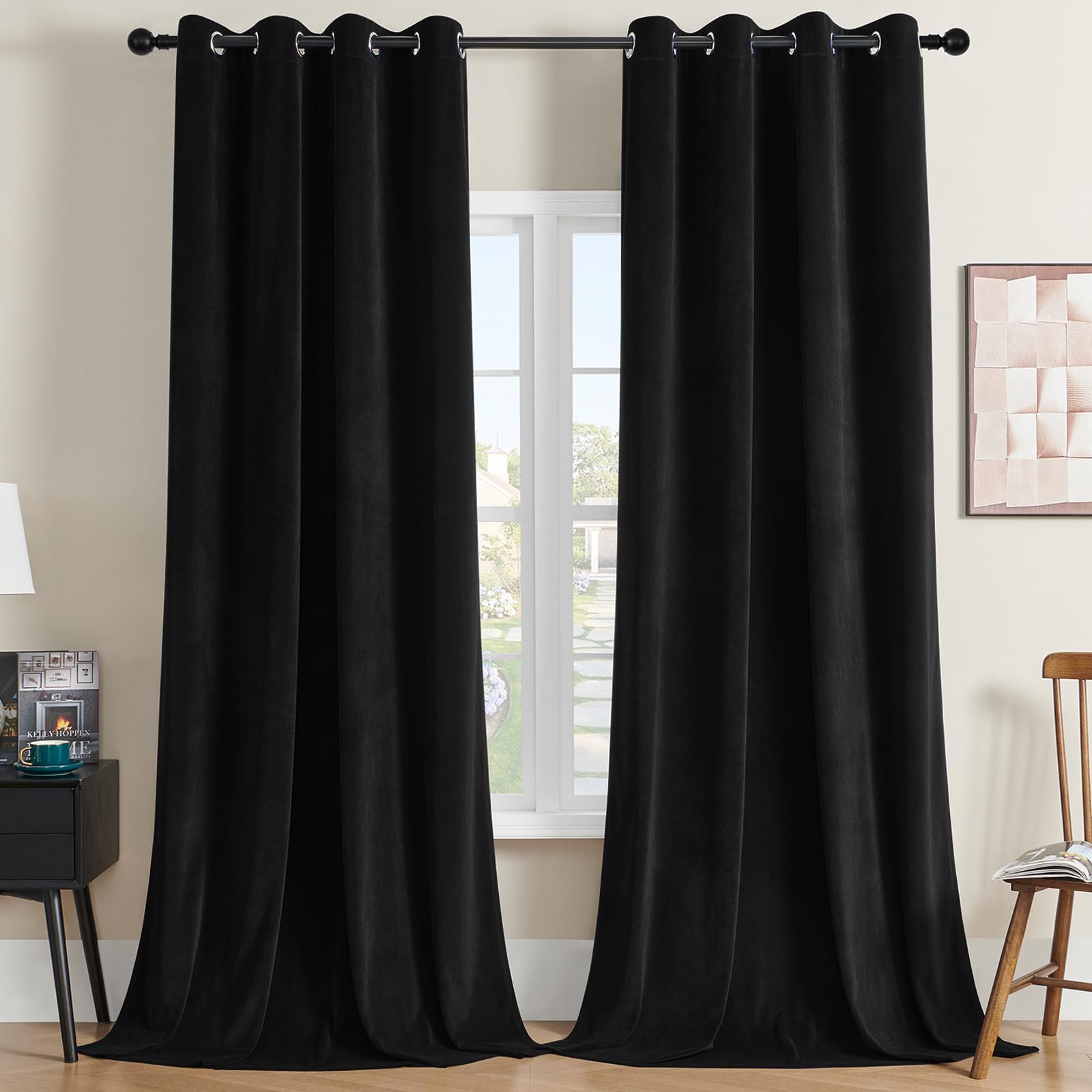Joydeco Black Velvet Curtains 96 Inches Long, Luxury Grommet Blackout Curtain 2 Panels, Thermal Insulated Privacy Room Darkening