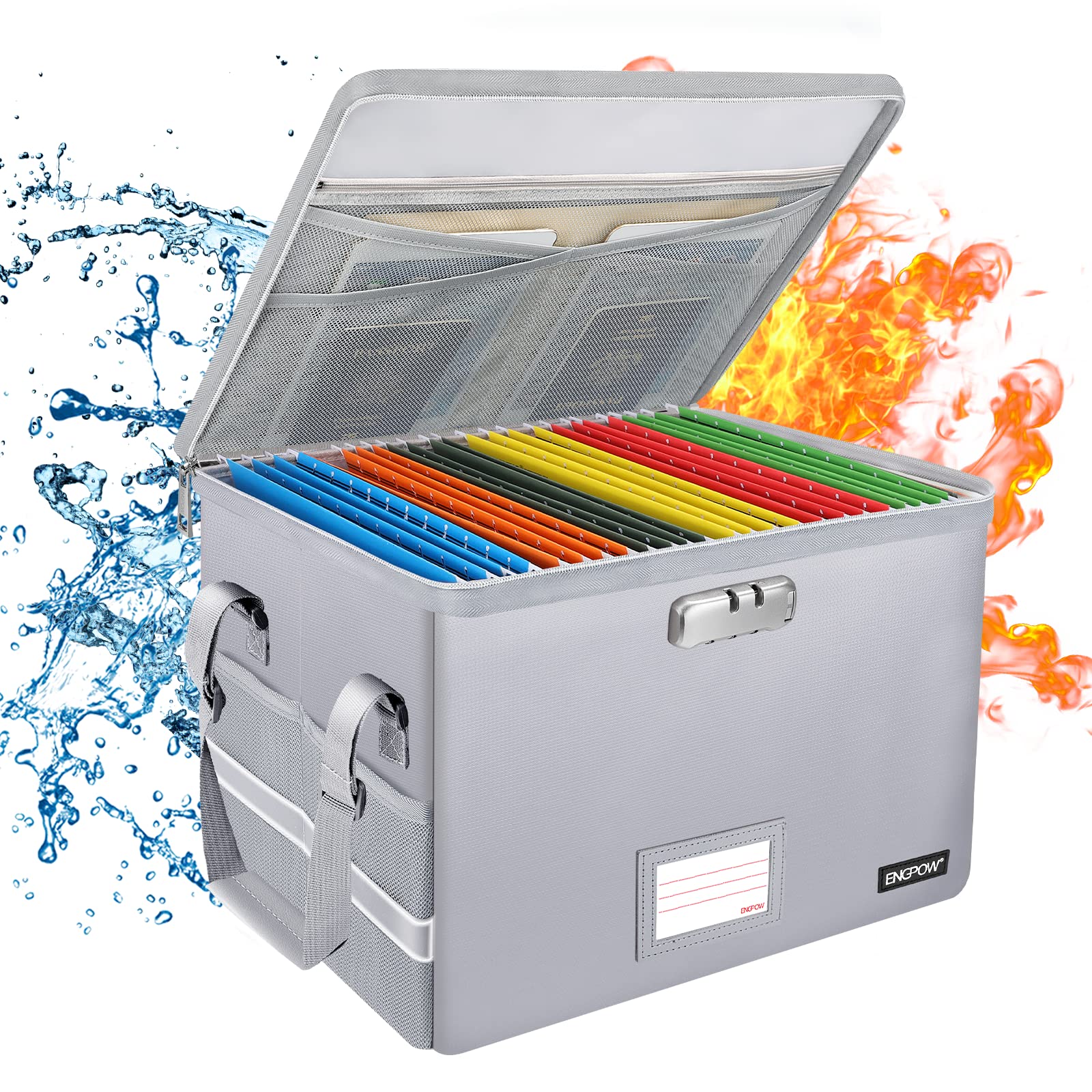 Engpow Fireproof Box With Lock, File Box Storage Organizer With Zippers,Collapsible Fireproof Document Box Filing Box With Handl