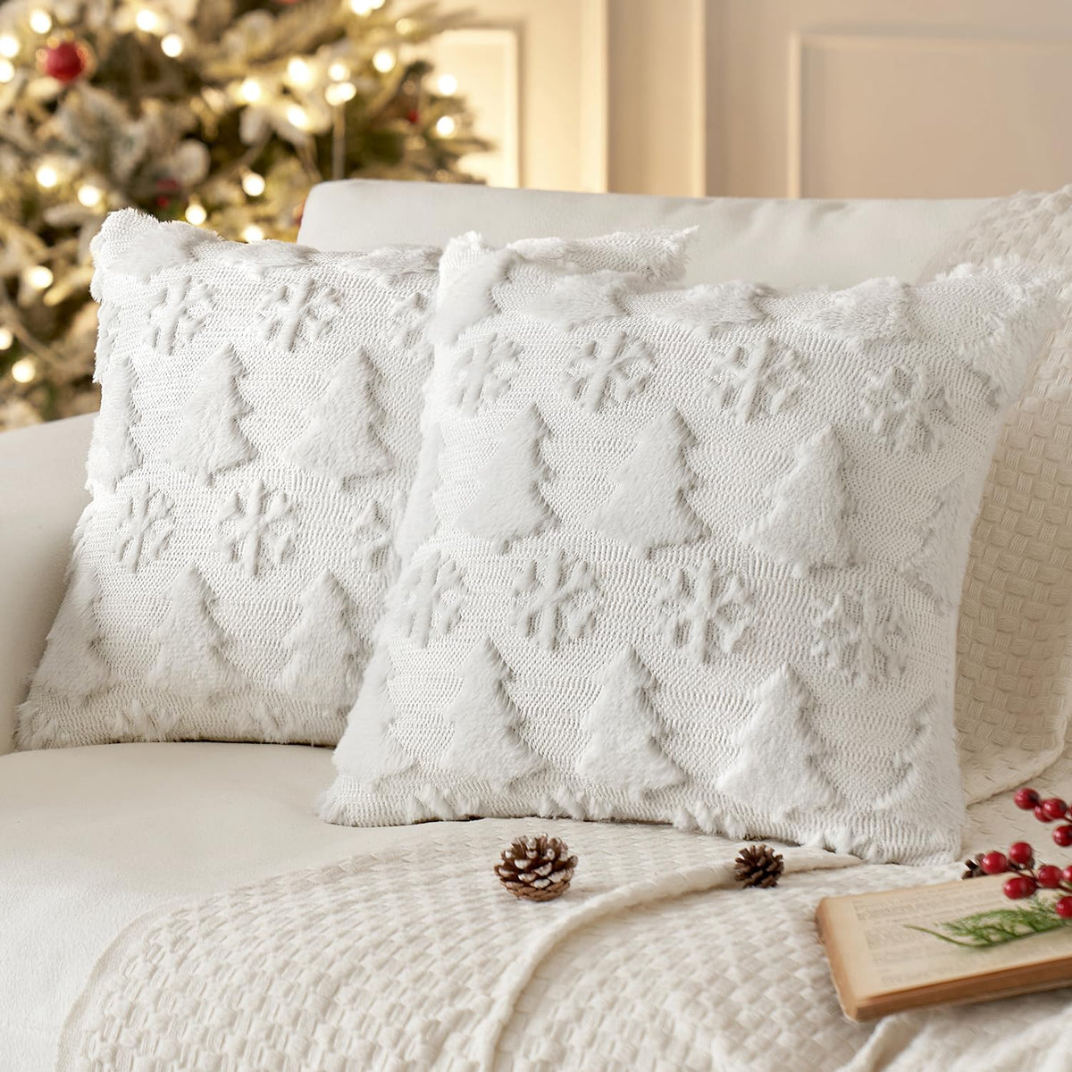 Miulee Christmas Tree And Snowflakes Pillow Covers 20X20 Inch Pure White Throw Pillows Set Of 2 Decorative Soft Fluffy Pillowcas