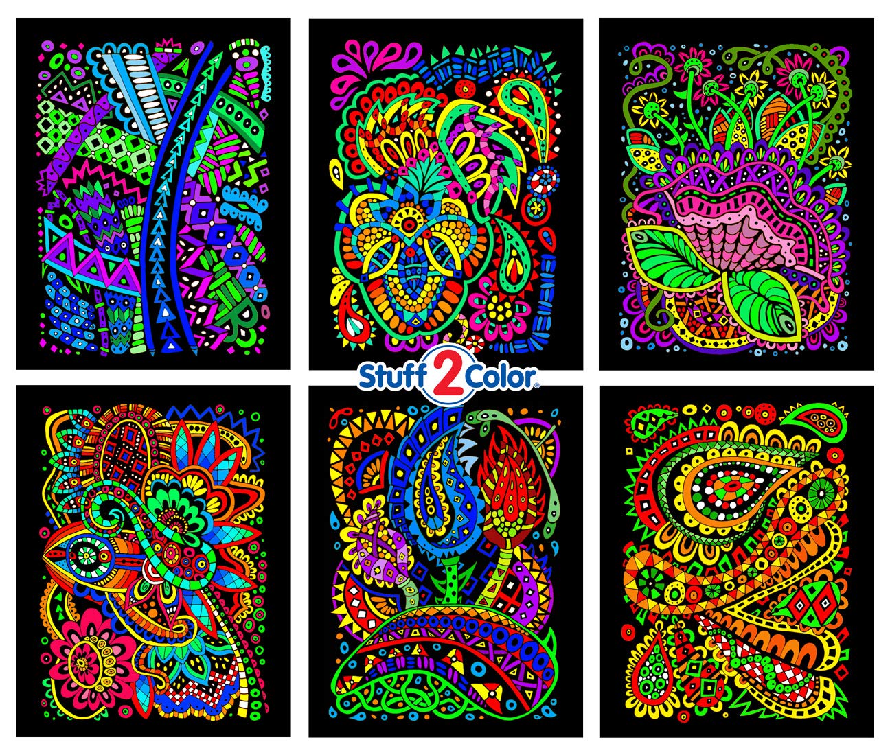 Tangles - 6 Pack of Fuzzy Velvet Coloring Posters for Adults, Kids, Toddlers, Girls, and Boys (All Ages Arts and Crafts Activity