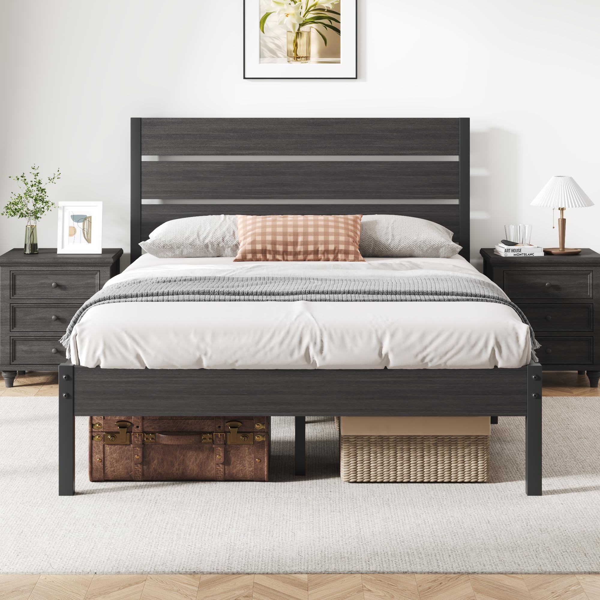 Fluest Full Bed Frame with Headboard and Footboard, Metal Platform Bed Frame with Under Bed Storage, All-Metal Support System, N