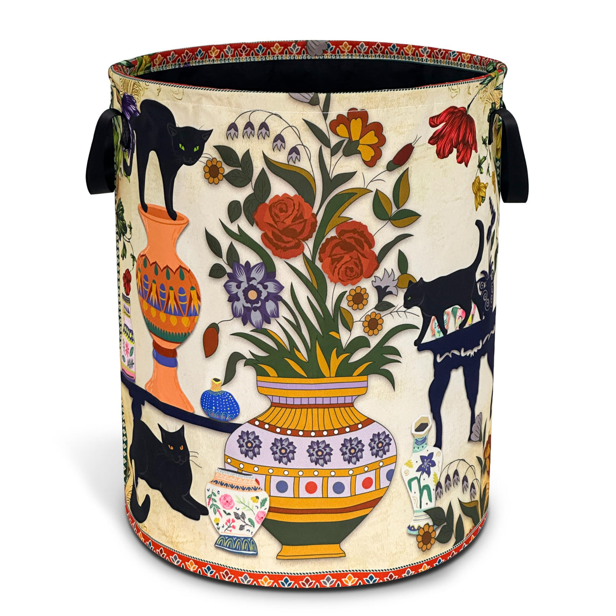 Black Cat Flower Laundry Basket Floral Vase Art Oxford Cloth Laundry Hamper