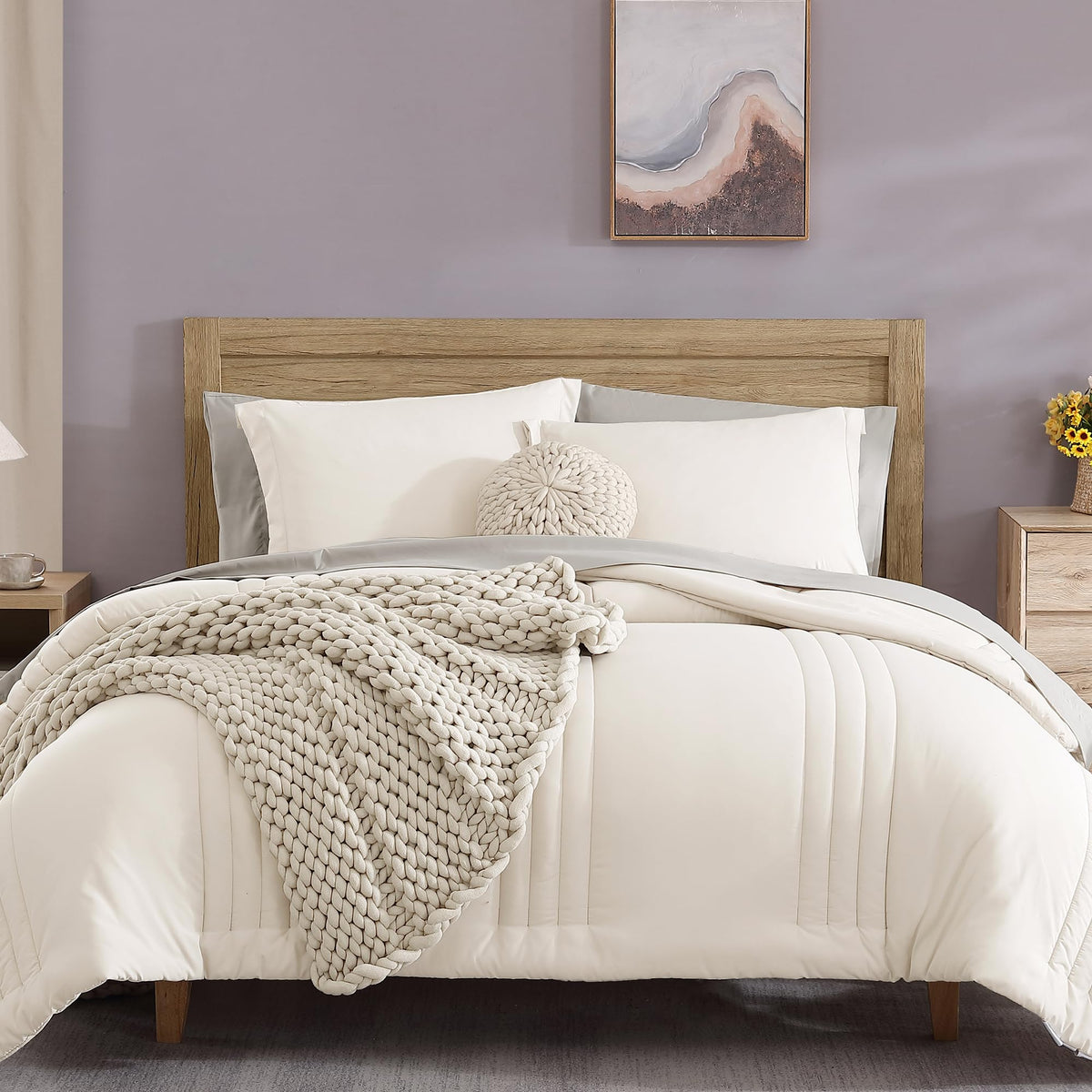 Monbix Queen Comforter Set - 7 Pieces Snow White Bed In A Bag Queen Bedding Sets With Comforters, All Seasons Down Alternative C