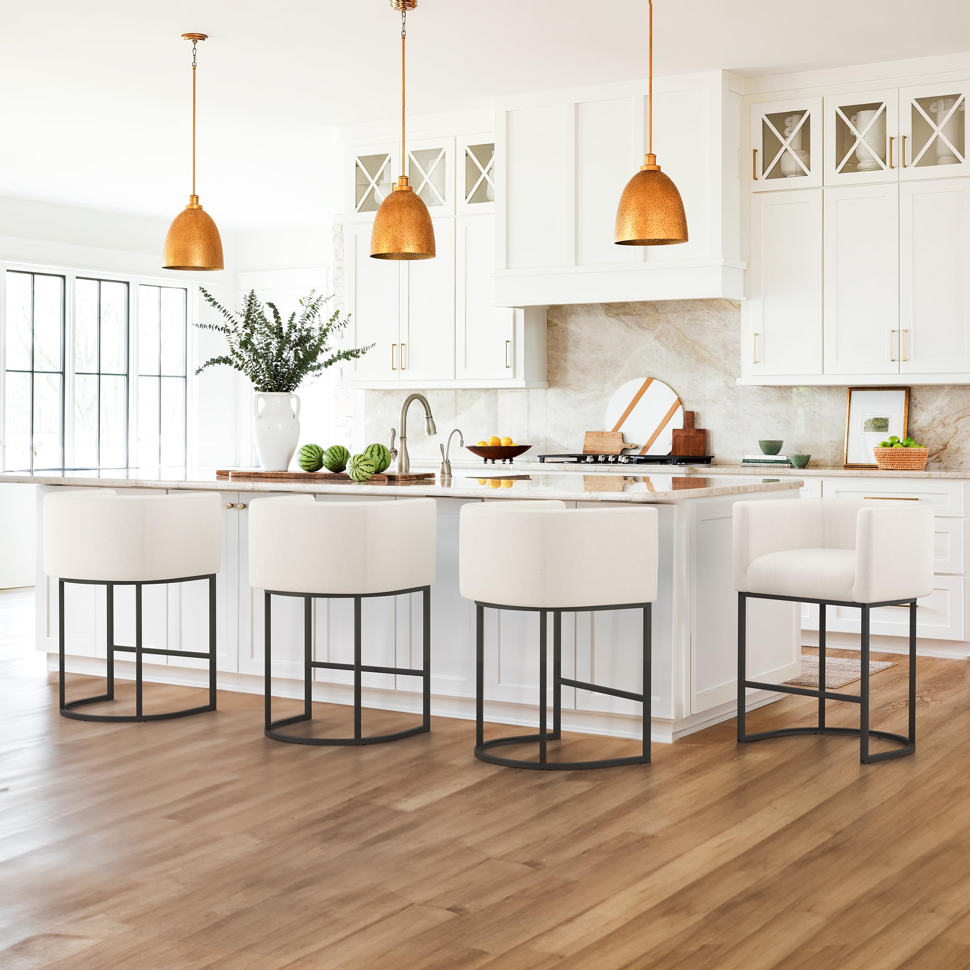 LUE BONA 27'' H Counter Height Bar Stools Set of 4, Modern Barrel Counter Stools with Backrest and Arms, Black Metal Frames, Lin