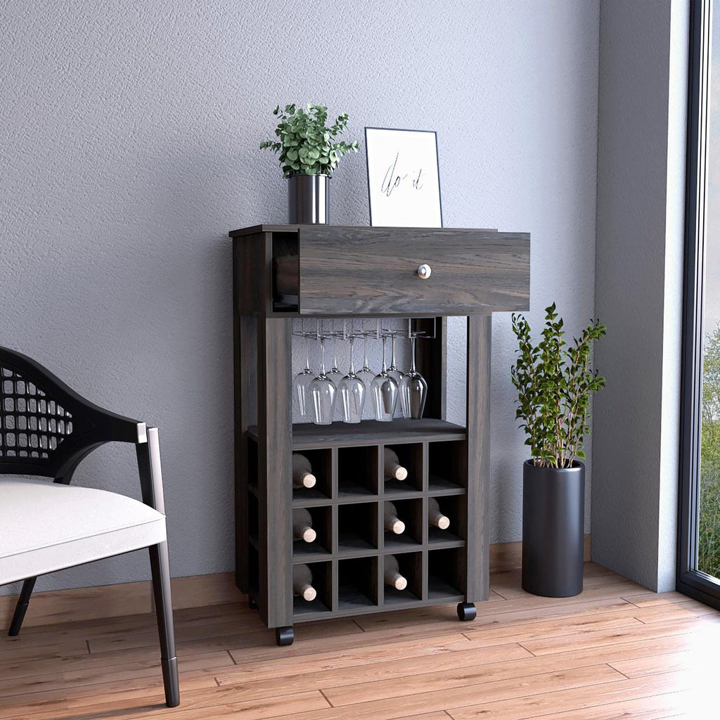 Margh Bar Cart, 12 Wine Cubbies, Drawer, Glass Rack, Caster Wheels, Carbon Espresso
