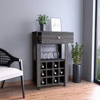 Margh Bar Cart, 12 Wine Cubbies, Drawer, Glass Rack, Caster Wheels, Carbon Espresso