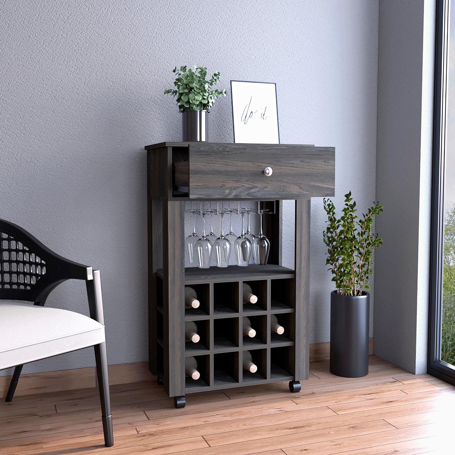 Margh Bar Cart, 12 Wine Cubbies, Drawer, Glass Rack, Caster Wheels, Carbon Espresso