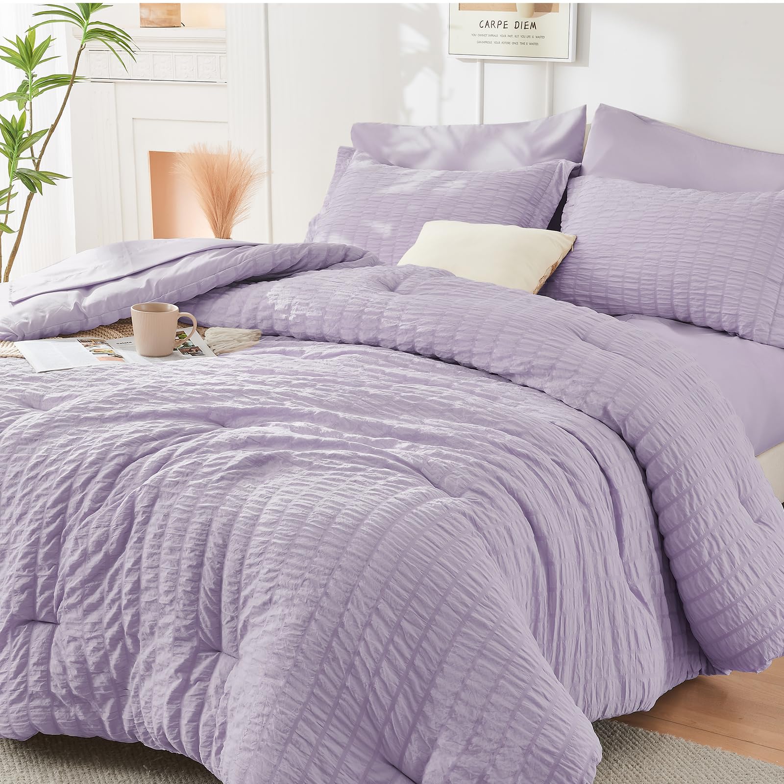 Hymokege Lavender Queen Comforter Set Seersucker 7 Pieces, All Season Luxury Bed In A Bag For Bedroom, Bedding Set With Comforte