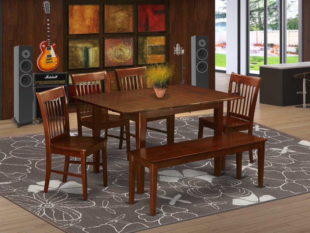 East West Furniture NOFK6C-MAH-W 6 Piece Dining Room Furniture Set Contains a Rectangle Kitchen Table with Butterfly Leaf and 4 Dining Chairs with a Bench, 32x54 Inch, Mahogany