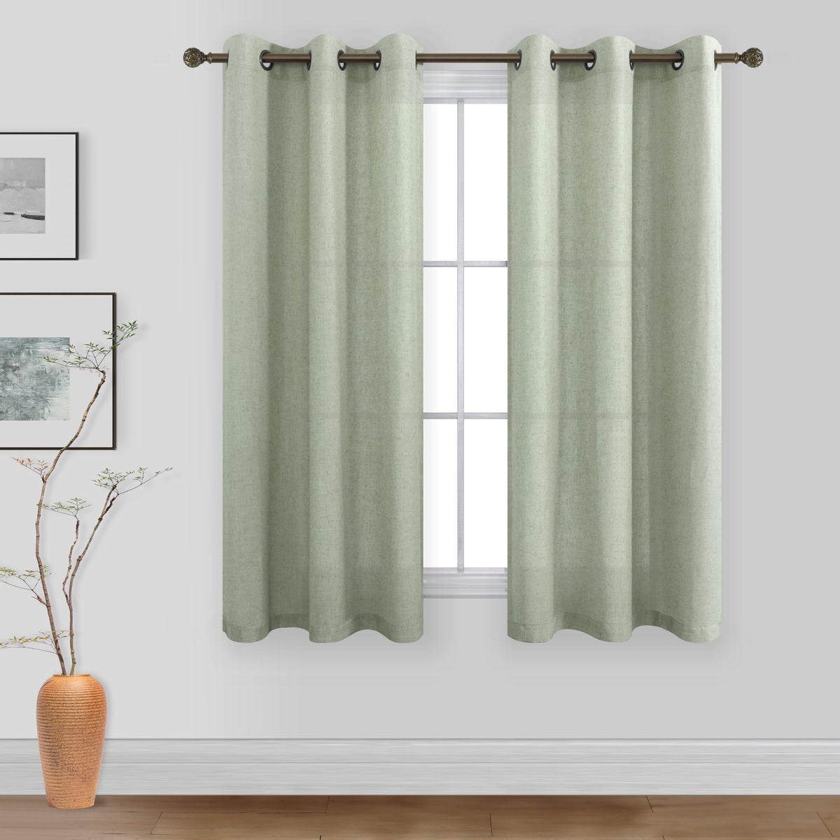 Koufall 36X54 Inches Long Bronze Grommet Linen Blend Sheer Curtains For Bedroom Sage Green