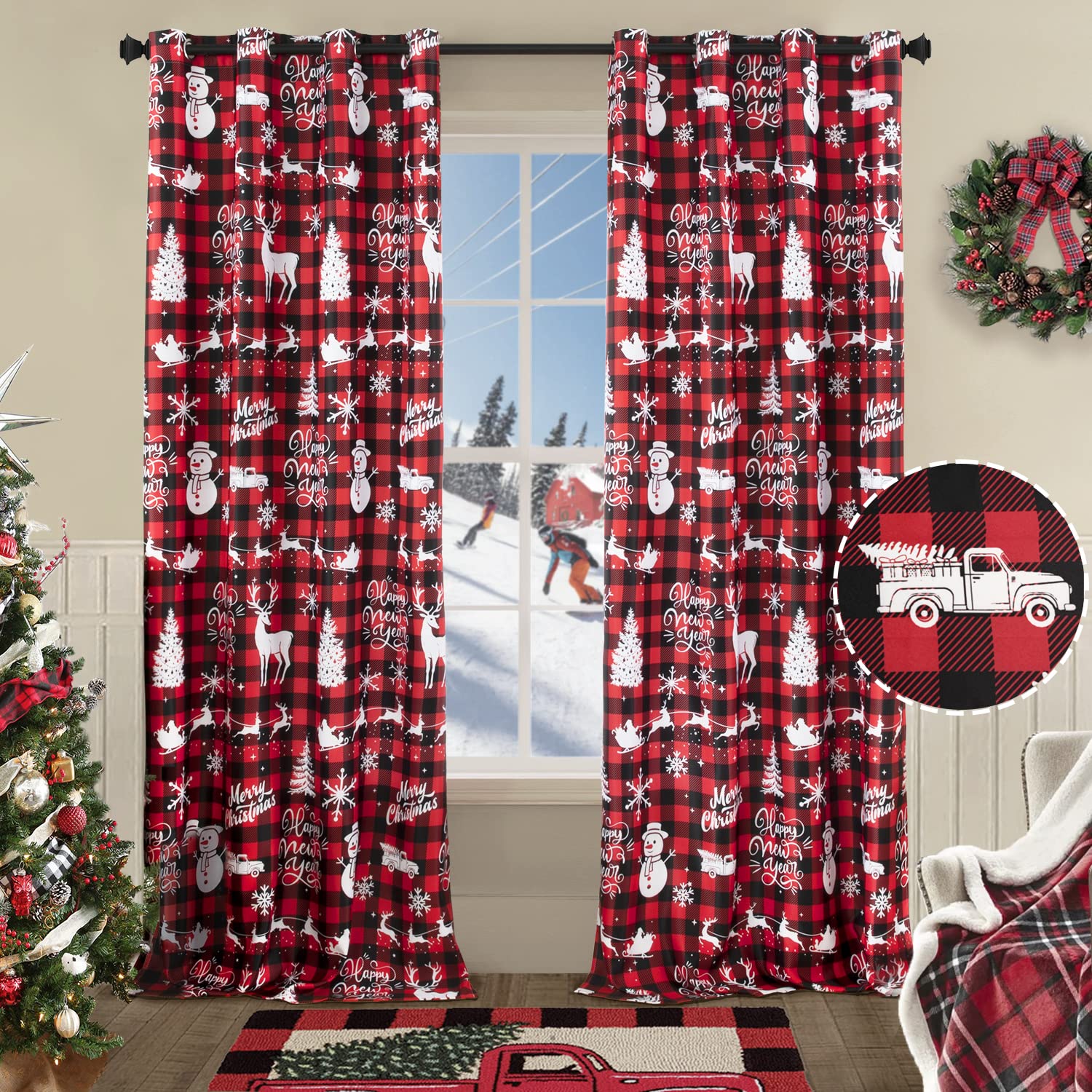 Thermal Insulated Curtains for Winter,96 Inch Long 2 Panel Set Vintage Christmas Red Blackout Heavy Thick Keep Cold Out Blocking