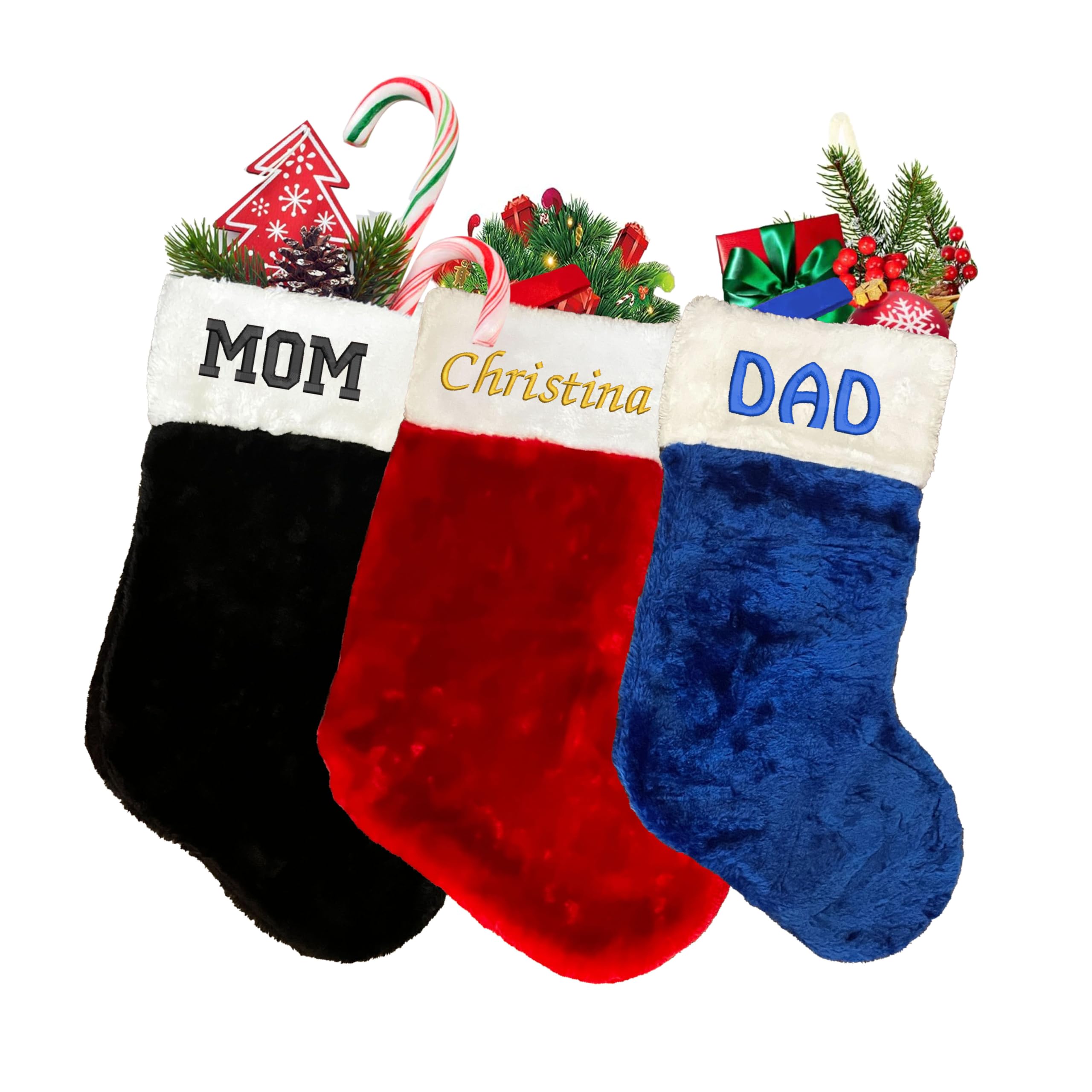 Personalized Christmas Stockings (18 inch) - Custom Embroidered Name Red Green Ivory Santa Deer Tree Pet Cat Dog- Rustic Farmhou