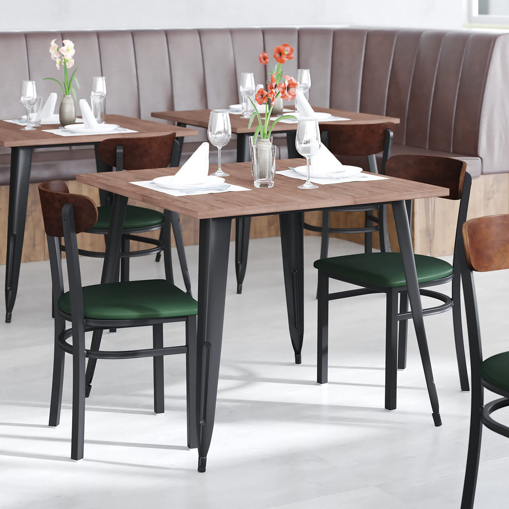 Flash Furniture Wright Commercial Dining Chair 521 LB. Capacity Black Steel Frame-Integrated Footrest, 1 Pack, Walnut Wood Back/Green Vinyl Seat