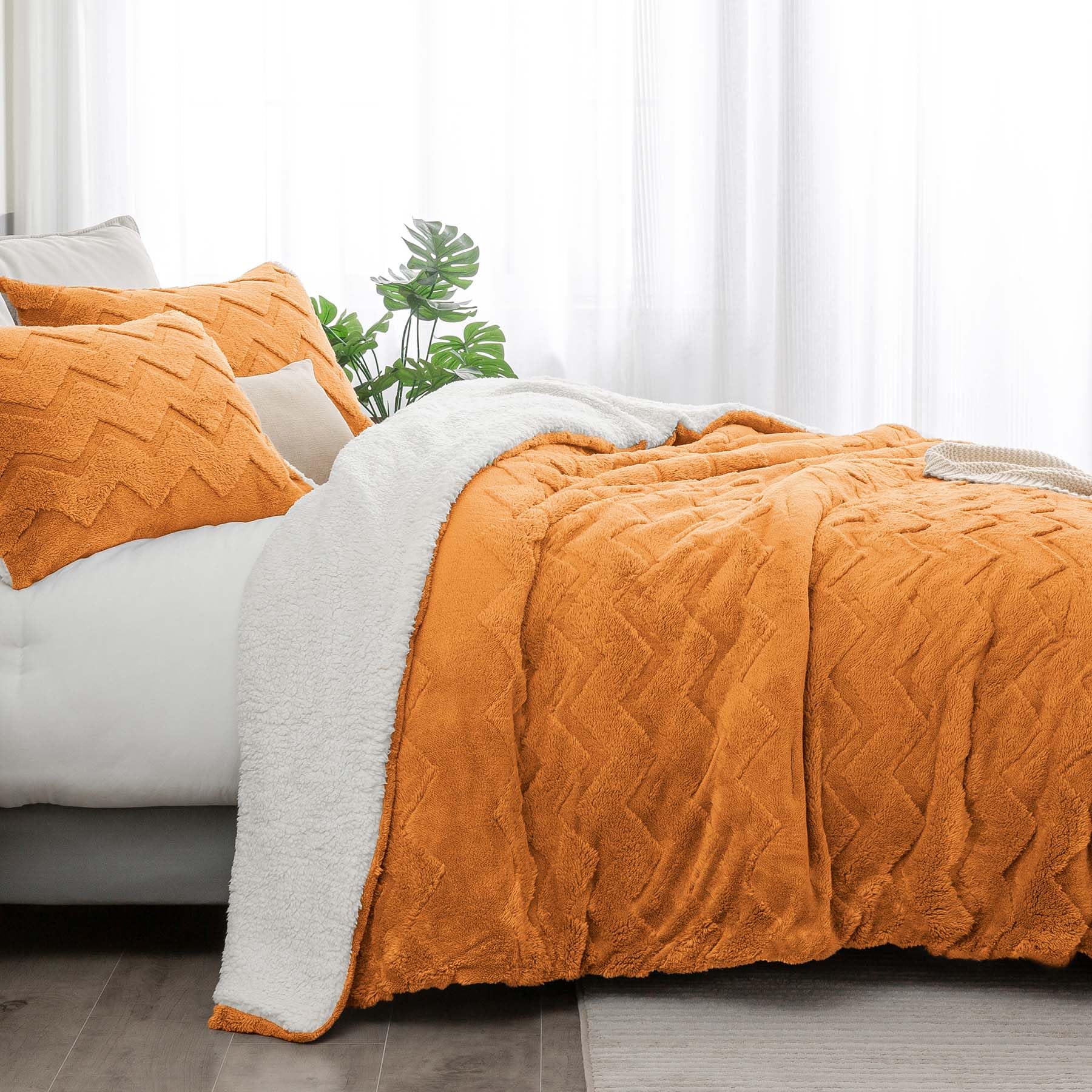 Bedelite Fluffy King Size Comforter Set - Super Soft Sherpa Burnt Orange Comforter For King Size Bed, Luxury Warm Bedding Set Fo