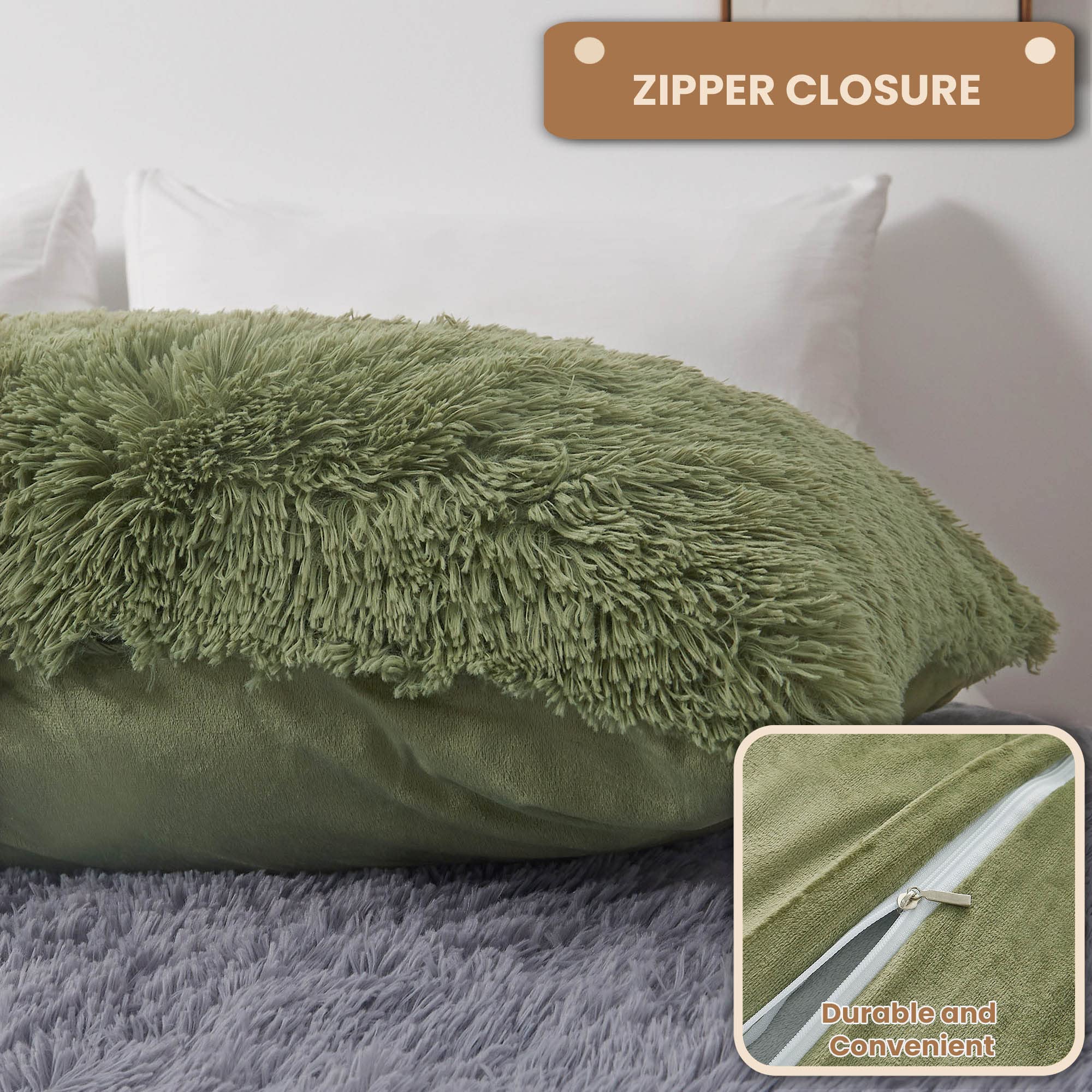 Mego Fluffy Body Pillow Cover, 20X54 Shaggy Faux Fur Body Pillow Case, Green Comfy Plush Fuzzy Body Pillowcase, Furry Long Throw