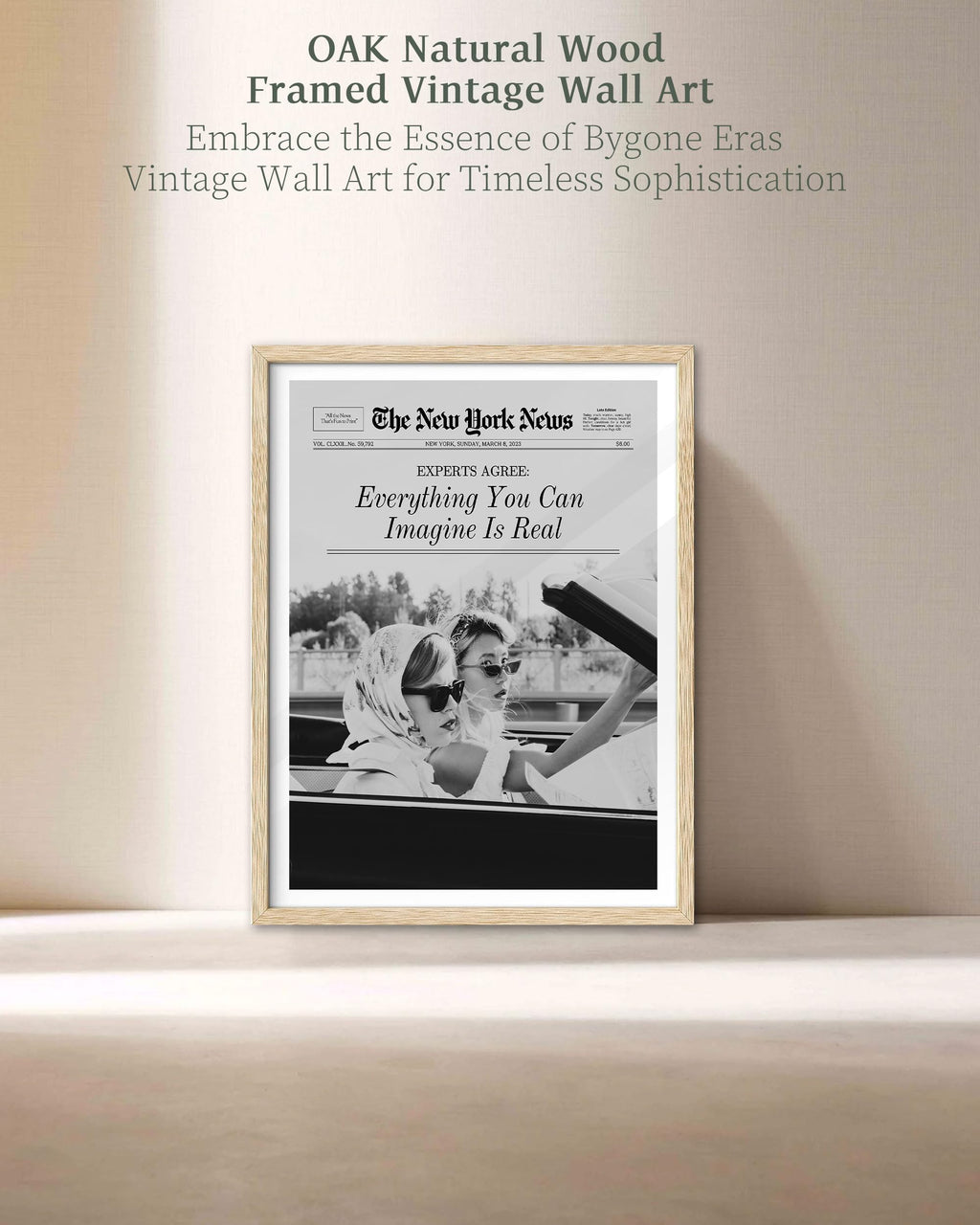 Ihery Everything You Can Imagine Is Real Framed Trendy Newspaper Wall Art, Natural Oak Wood 12X16In Canvas Wall Art Decor For Be