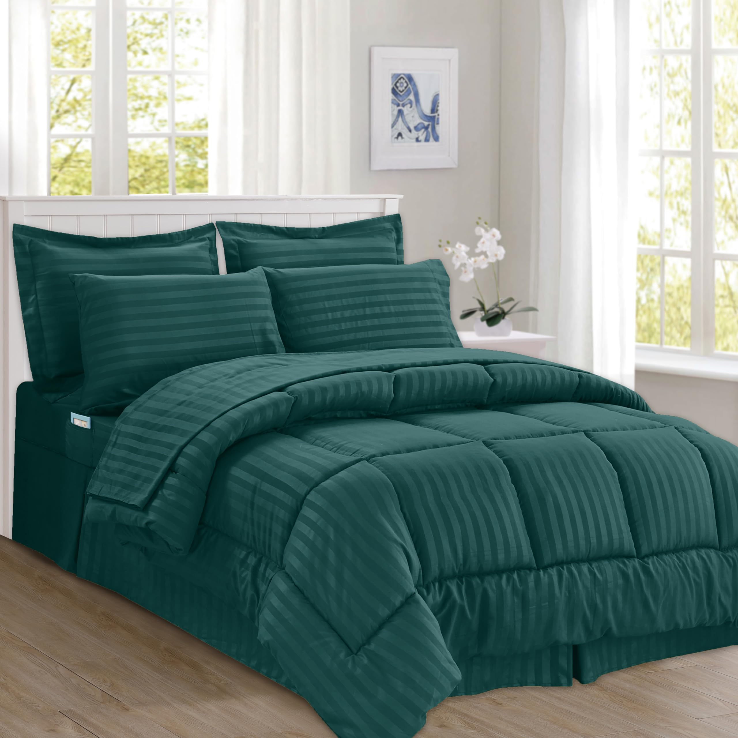 Elegant Comfort Silky Soft 8-Piece Dobby Stripe Bed-In-A-Bag Comforter Set, Includes 4Pc Smart Sheet Set, Bed Skirt, Comforter, Matching Pillowcases And Shams - King/California King, Marine Teal