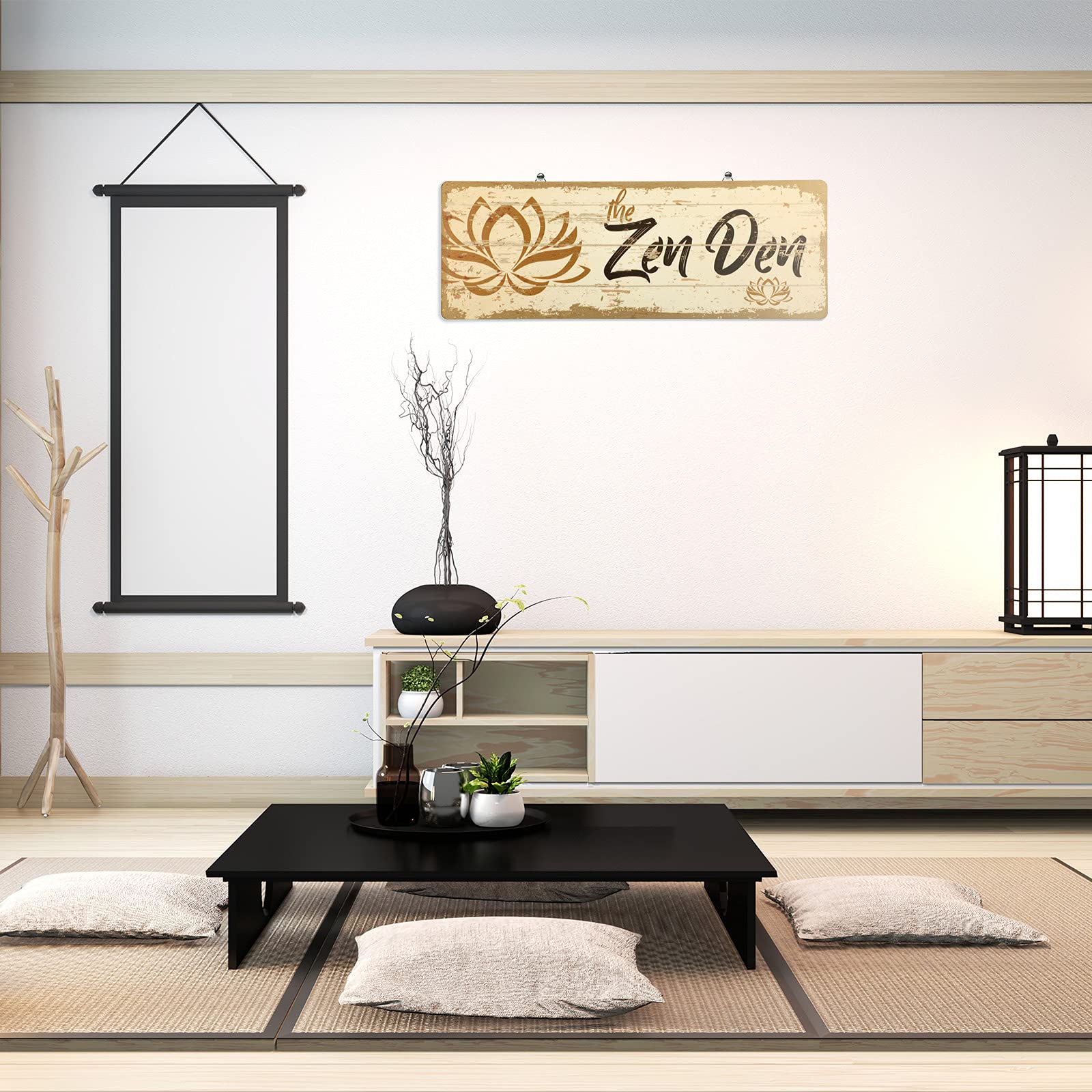 The Zen Den Lotus Wood Sign 15.75 X 5.9 Inch Lotus Yoga Sign Wooden Hanging Wall Sign With Hooks Meditation Home Decor For Yoga