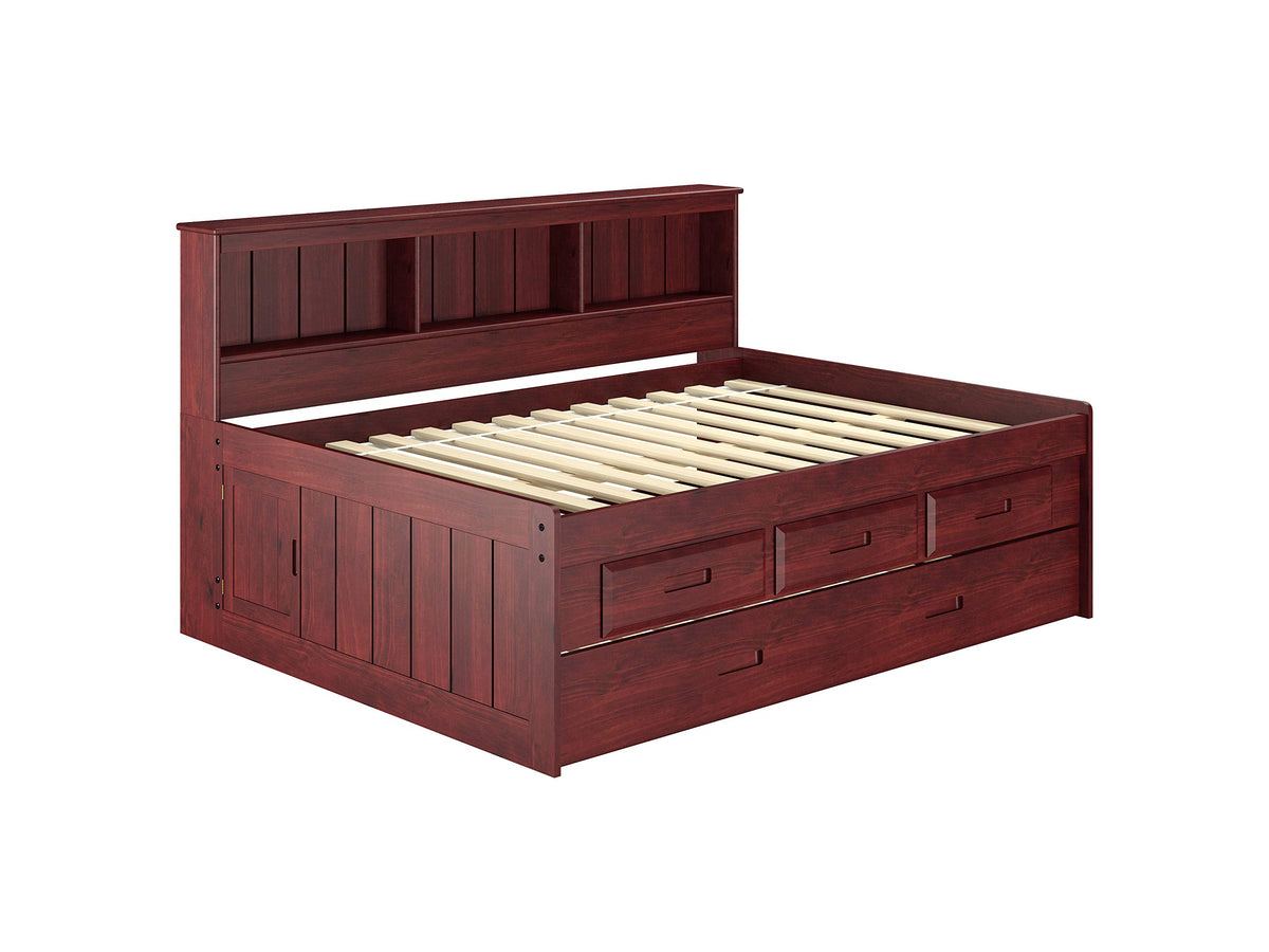 Full Daybed Bookcase Captains Bed With 3 Drawer Storage And Twin Trundle In Merlot Finish