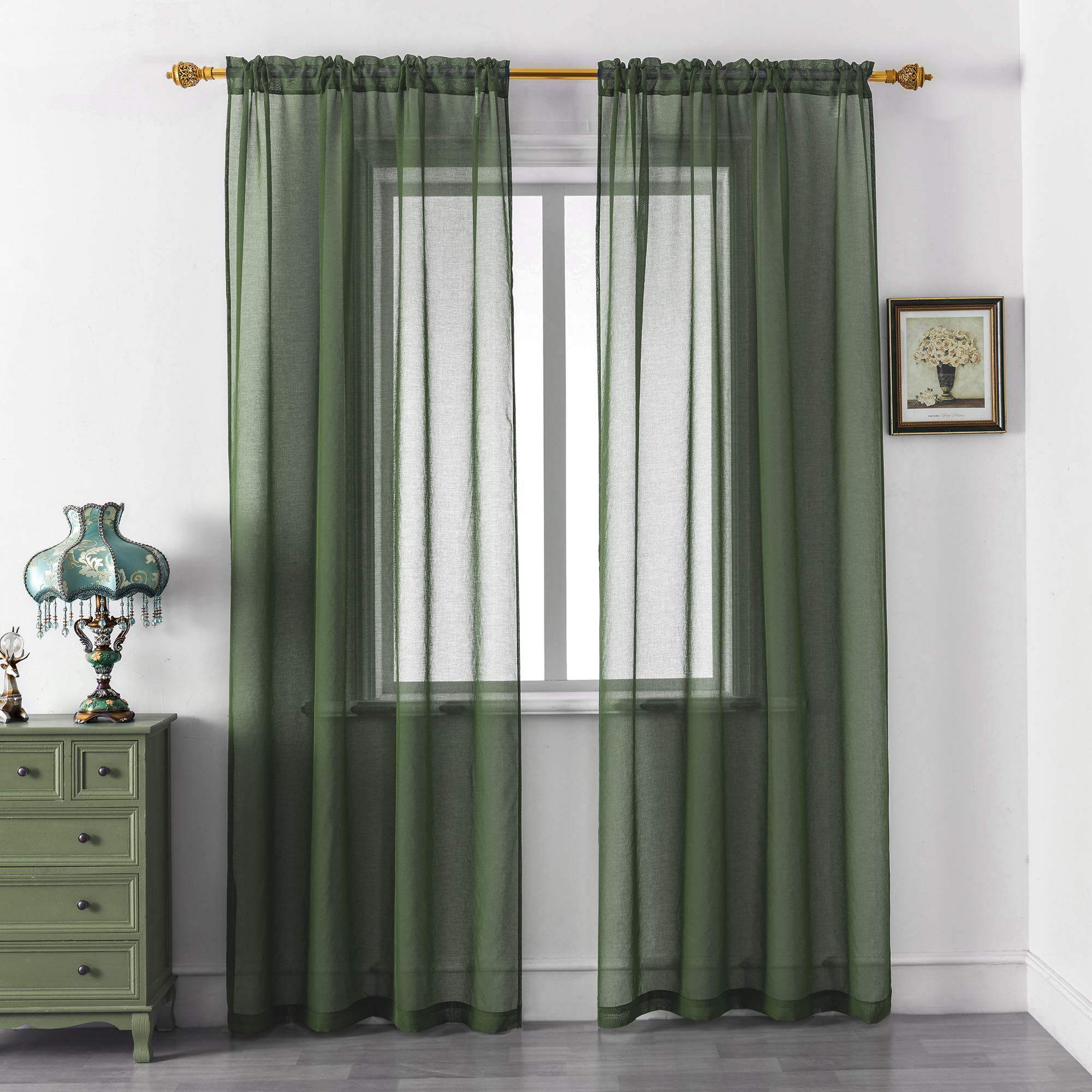 DUALIFE Hunter Green Sheer Curtains 84 Inches Long,Faux Linen Sheer Curtain Drapes for Living Room Bedroom Nursery Kitchen Bathr