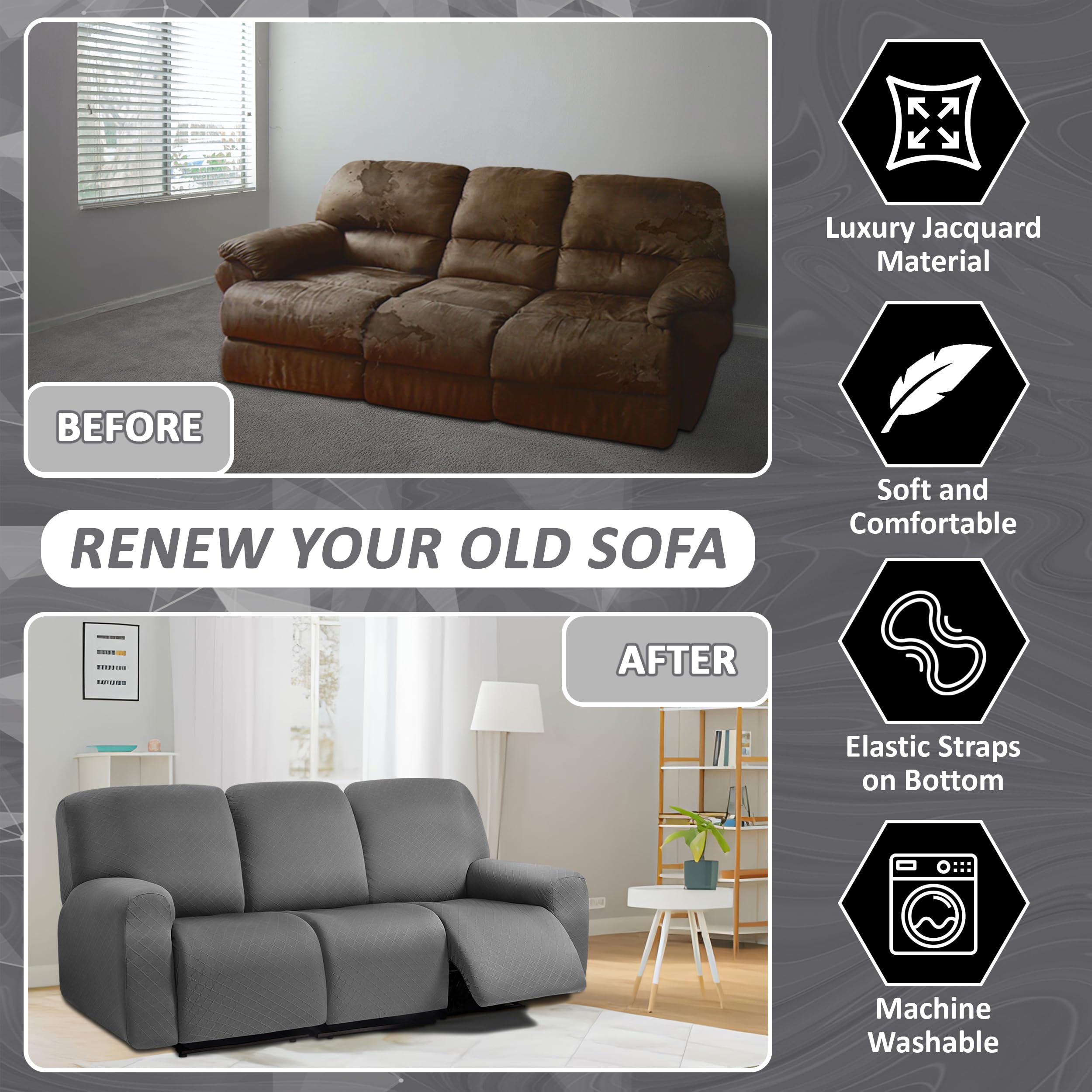 Ulticor Squared Jacquard Design 8-Pieces Recliner Sofa Covers Stretch Reclining Couch Covers For 3 Cushion Reclining Sofa Slipco