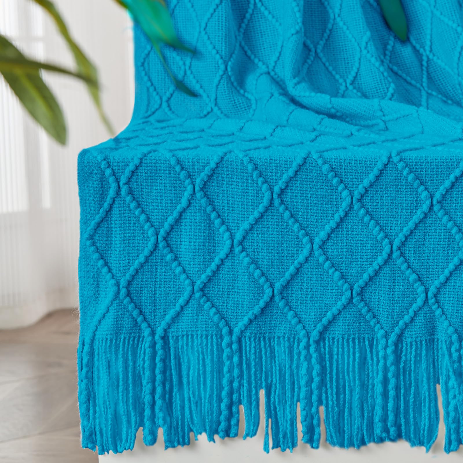 Inhand Teal Throw Blanket For Couch And Bed, Soft Living Room Home Decor Knitted Blanket With Tassel, Outdoor Lightweight Breath