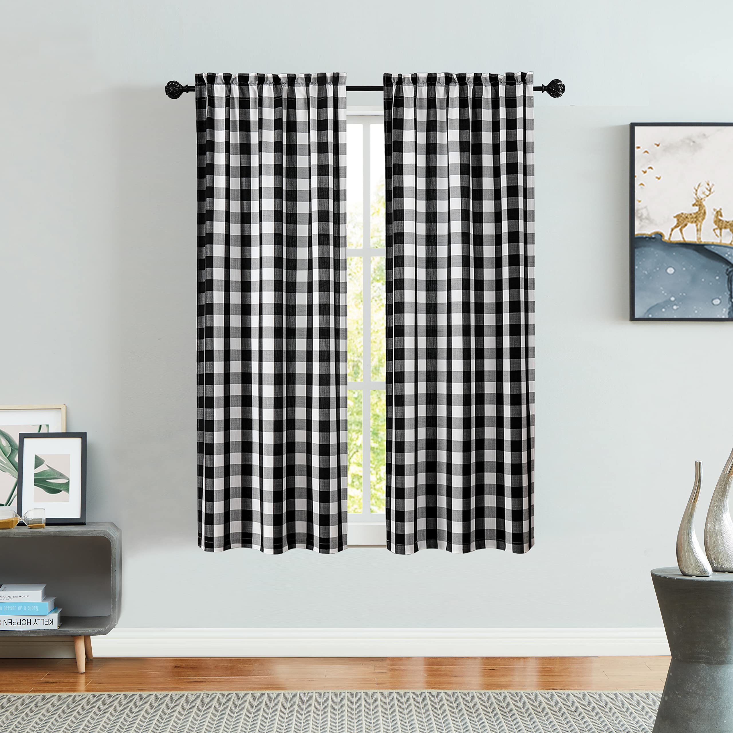Black And White Buffalo Plaid Farmhouse Curtain Panel 54 Inch Long, Farmhouse Rustic Buffalo Check Gingham Curtain Drapes, Rod P