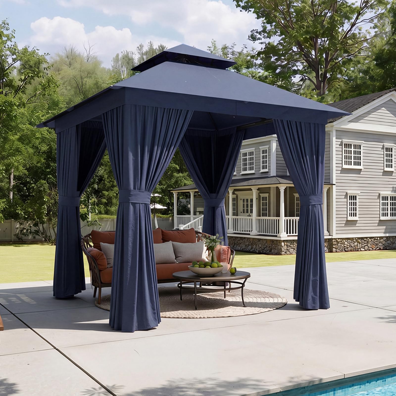 Aoxun Outdoor Gazebo for Patio 8x8 Metal Frame Canopy with Double Roofs Heavy Duty Party Tent and Shelter with Mosquito Netting 