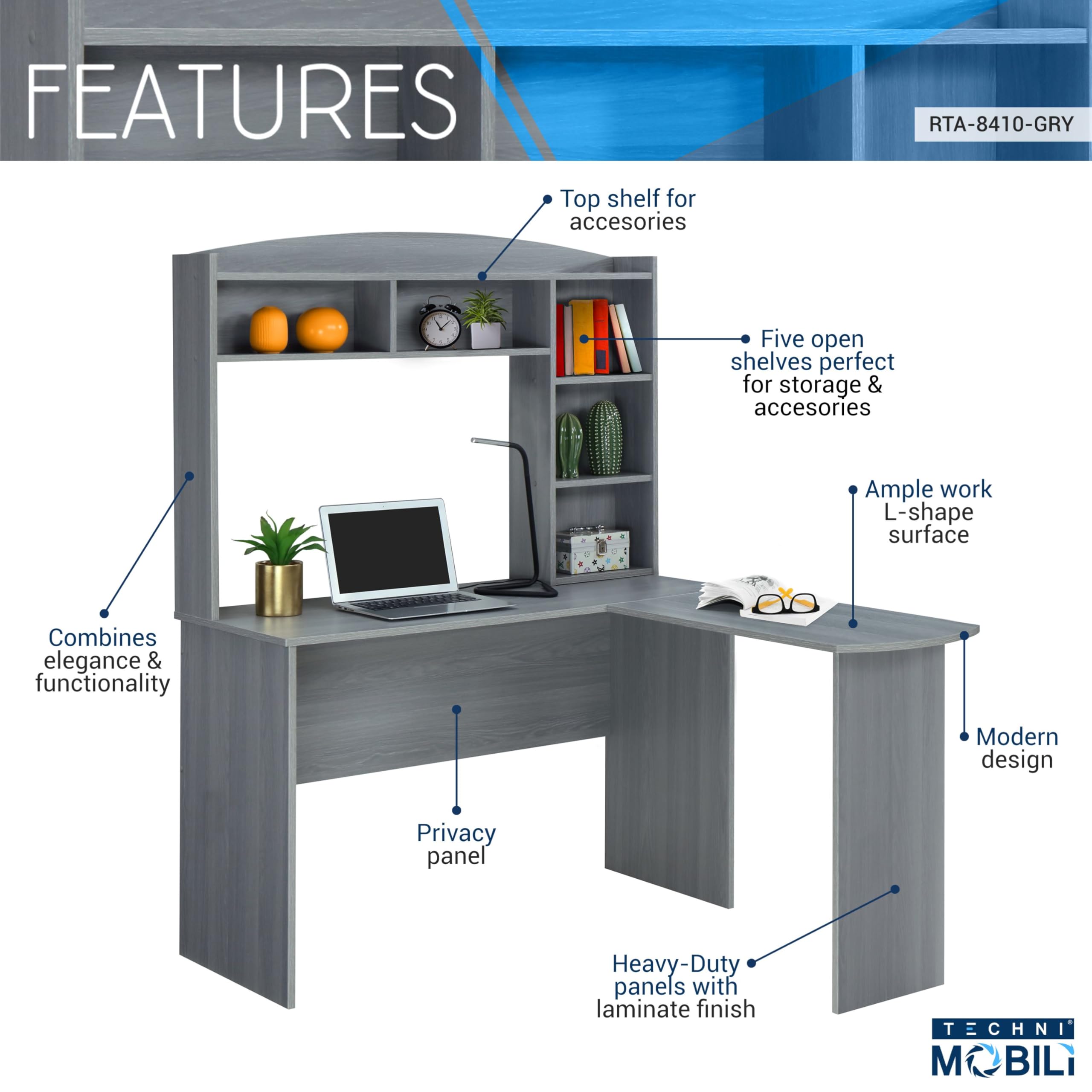 Techni Mobili Modern Hutch L-Shaped Computer Desk, Grey