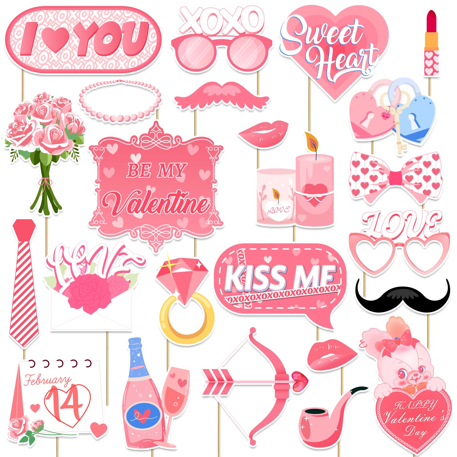 JXYCBZYing Light Pink Valentine's Day Photo Booth Props - Pack of 24 | Valentines Day Props for Photography, Lovers Selfie Photo