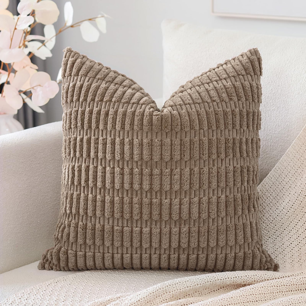 Otostar Corduroy Decorative Throw Pillow Covers 18X18 Inch Super Soft Boho Striped Square Pillow Covers Case Modern Cushion Covers For Sofa Couch Bedroom Car Decor Brown